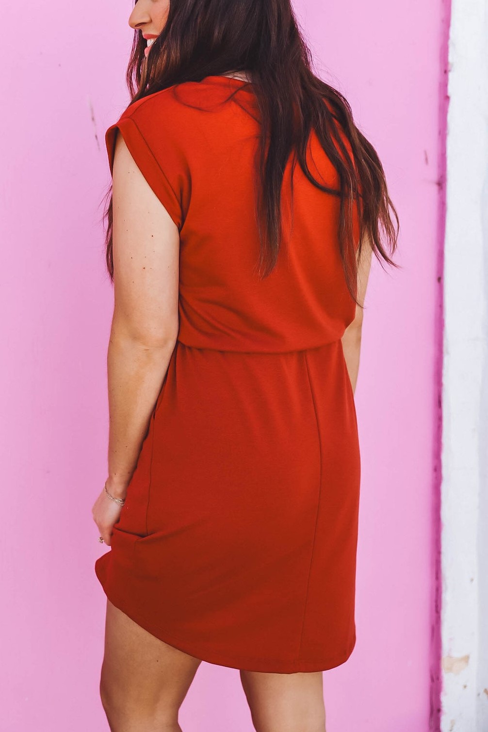 HOT SALE Round Neck Short Sleeve Waist Tie Pocket Mini Dress