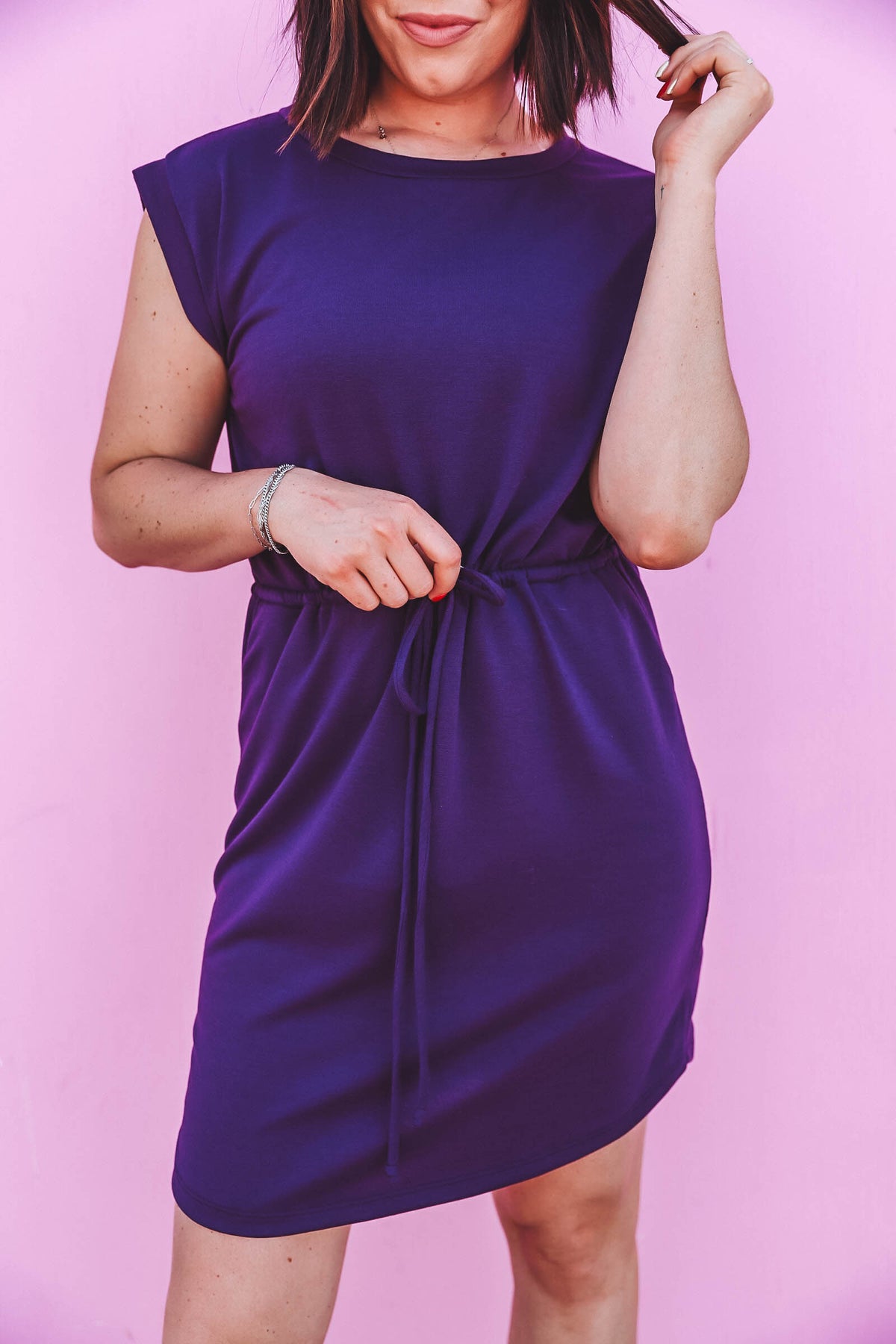 HOT SALE Round Neck Short Sleeve Waist Tie Pocket Mini Dress