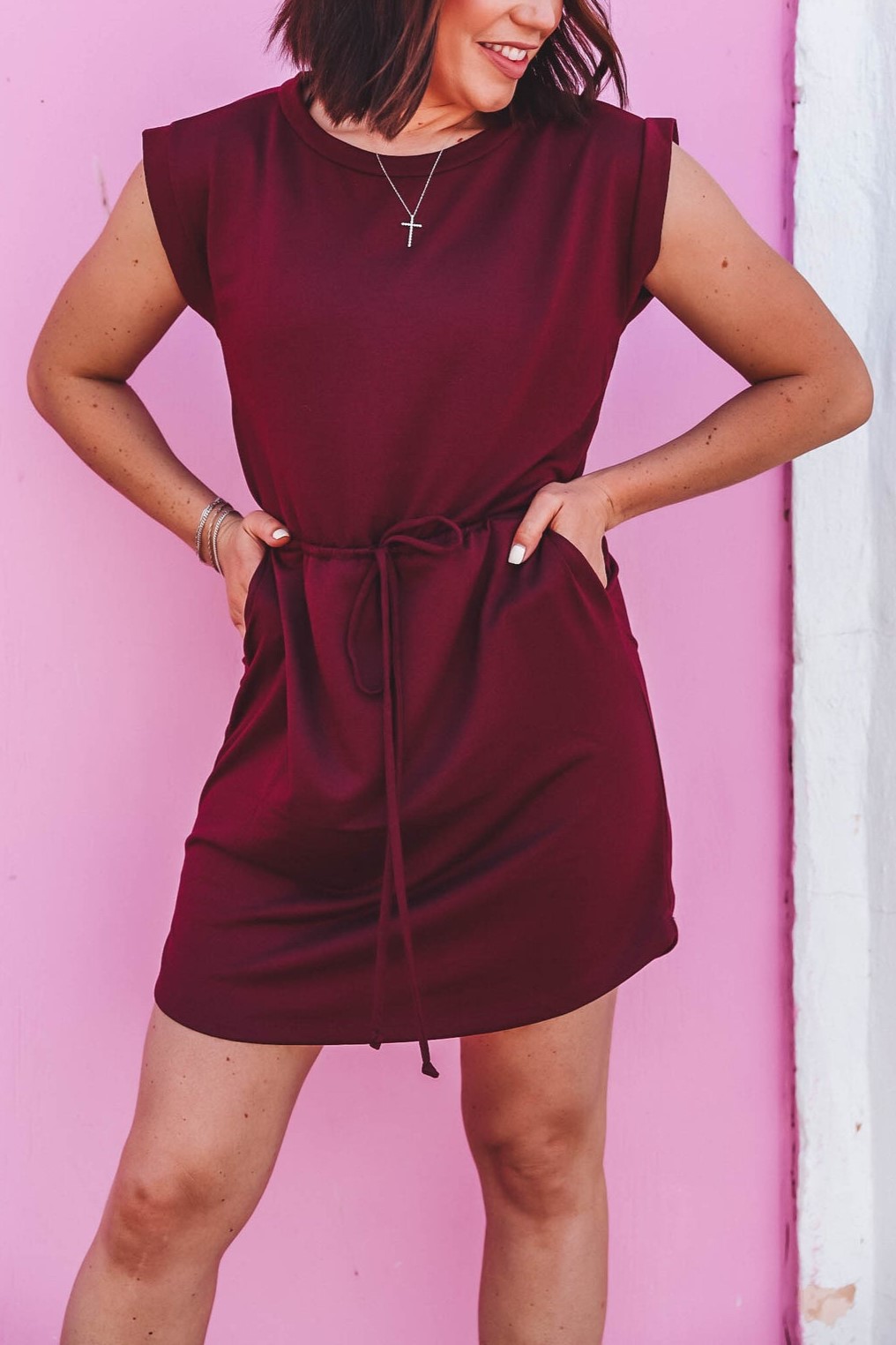 HOT SALE Round Neck Short Sleeve Waist Tie Pocket Mini Dress