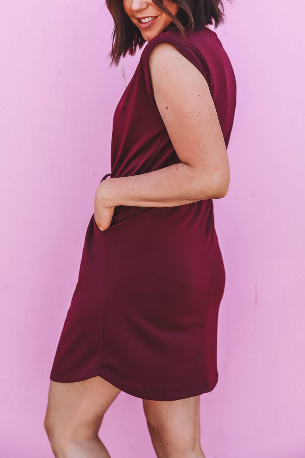 HOT SALE Round Neck Short Sleeve Waist Tie Pocket Mini Dress