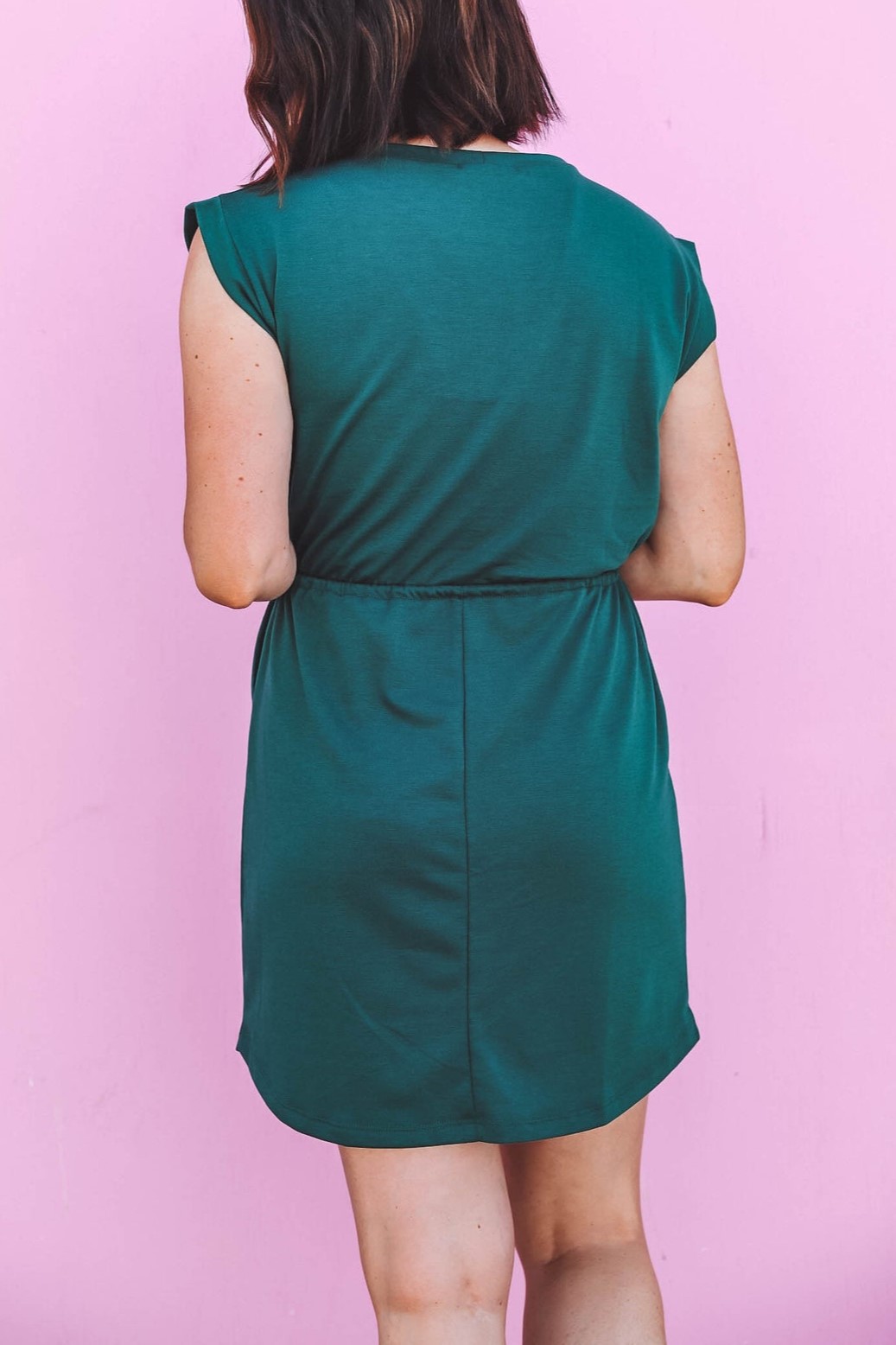 HOT SALE Round Neck Short Sleeve Waist Tie Pocket Mini Dress