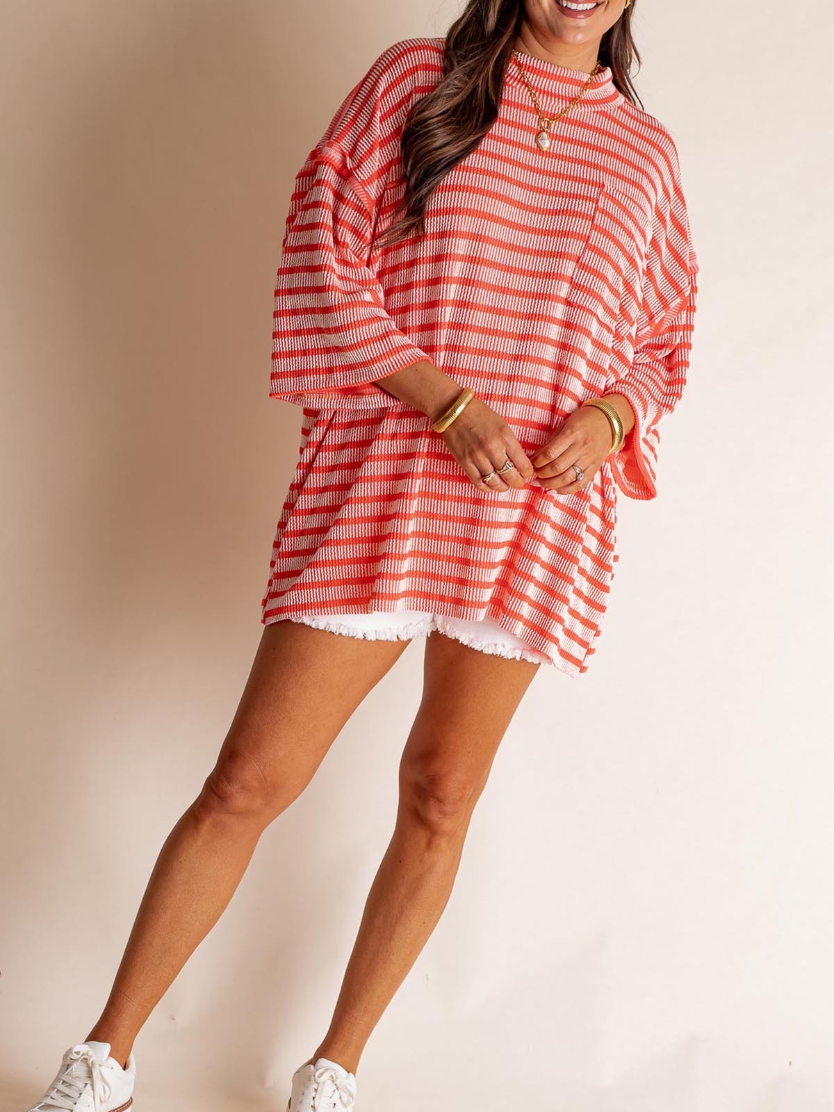 Only Go Forwards Oversized Striped Top Ribbed Short Sleeves
