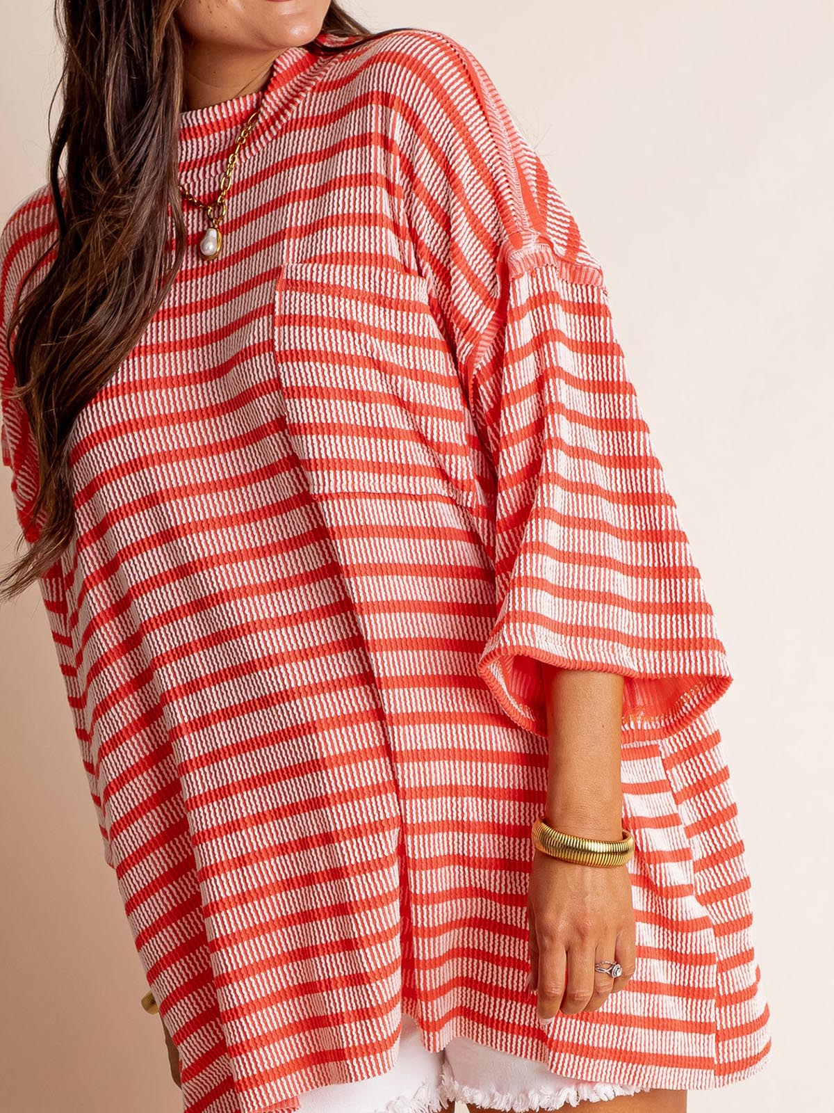 Only Go Forwards Oversized Striped Top Ribbed Short Sleeves
