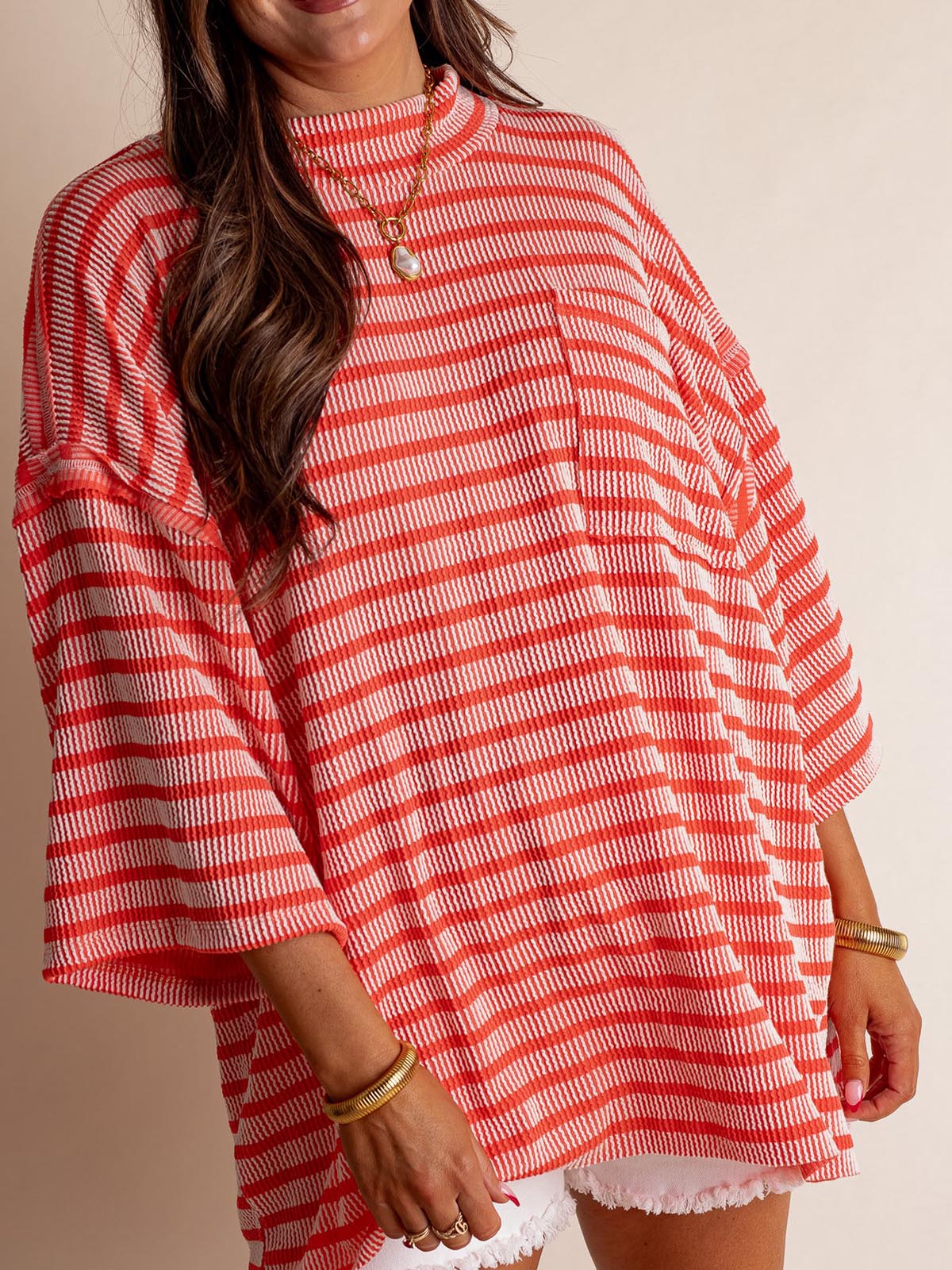 Only Go Forwards Oversized Striped Top Ribbed Short Sleeves