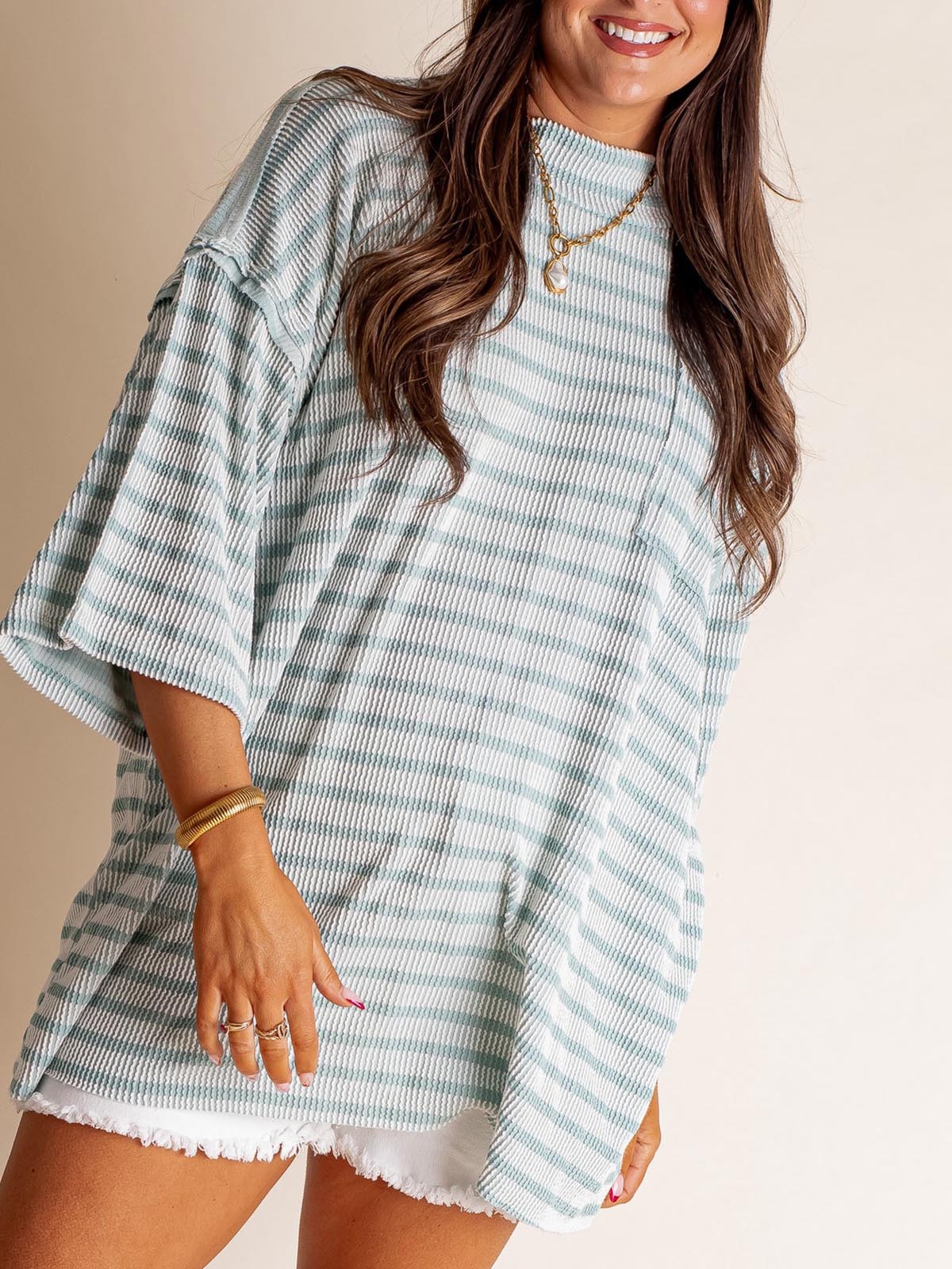 Only Go Forwards Oversized Striped Top Ribbed Short Sleeves