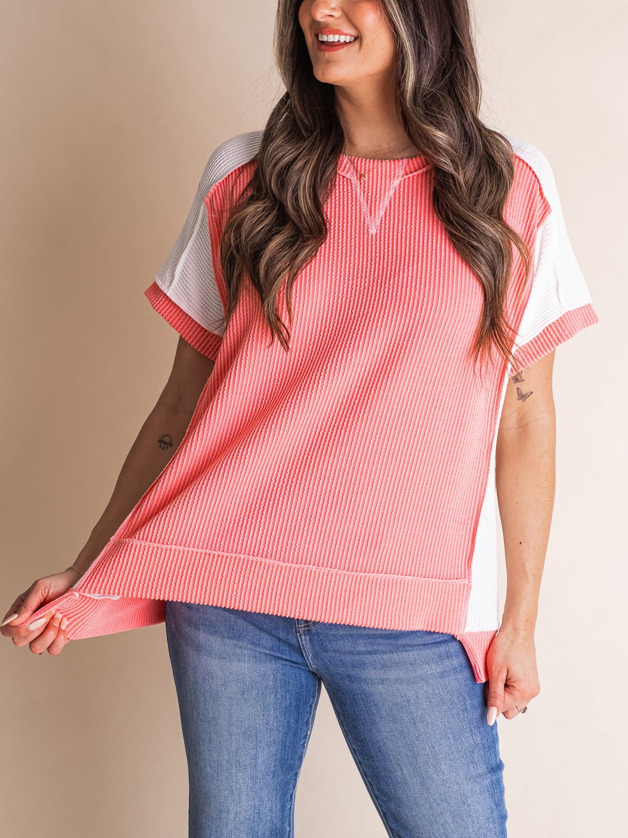Ribbed Stitching Color Block Tee