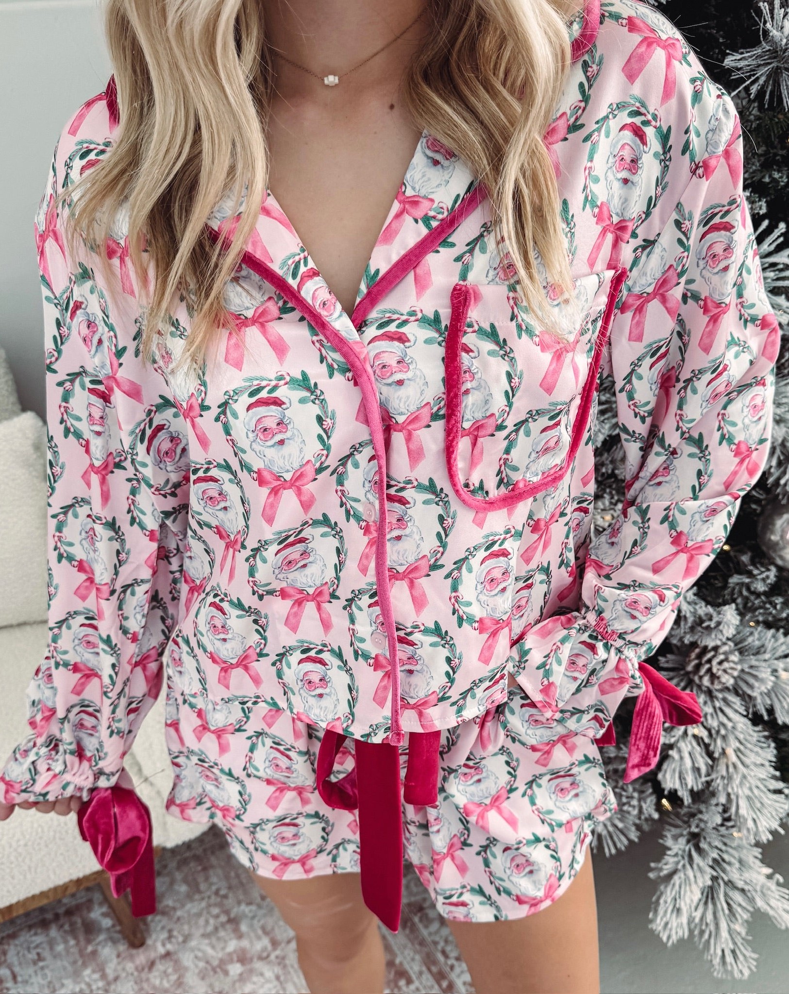 Women's Christmas Pink Santa and Bow Pajamas