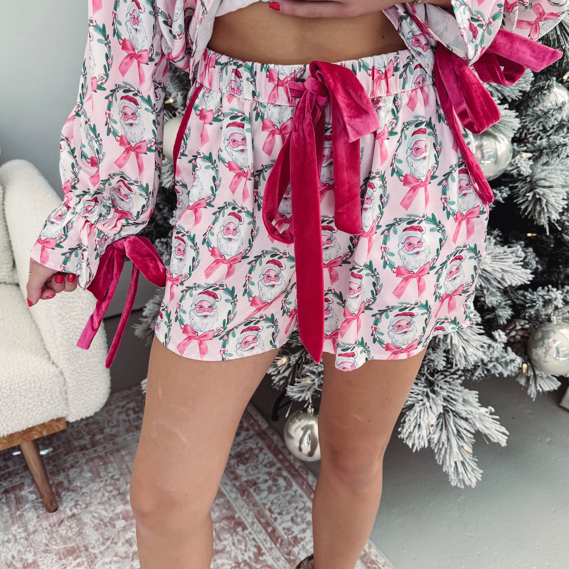 Women's Christmas Pink Santa and Bow Pajamas