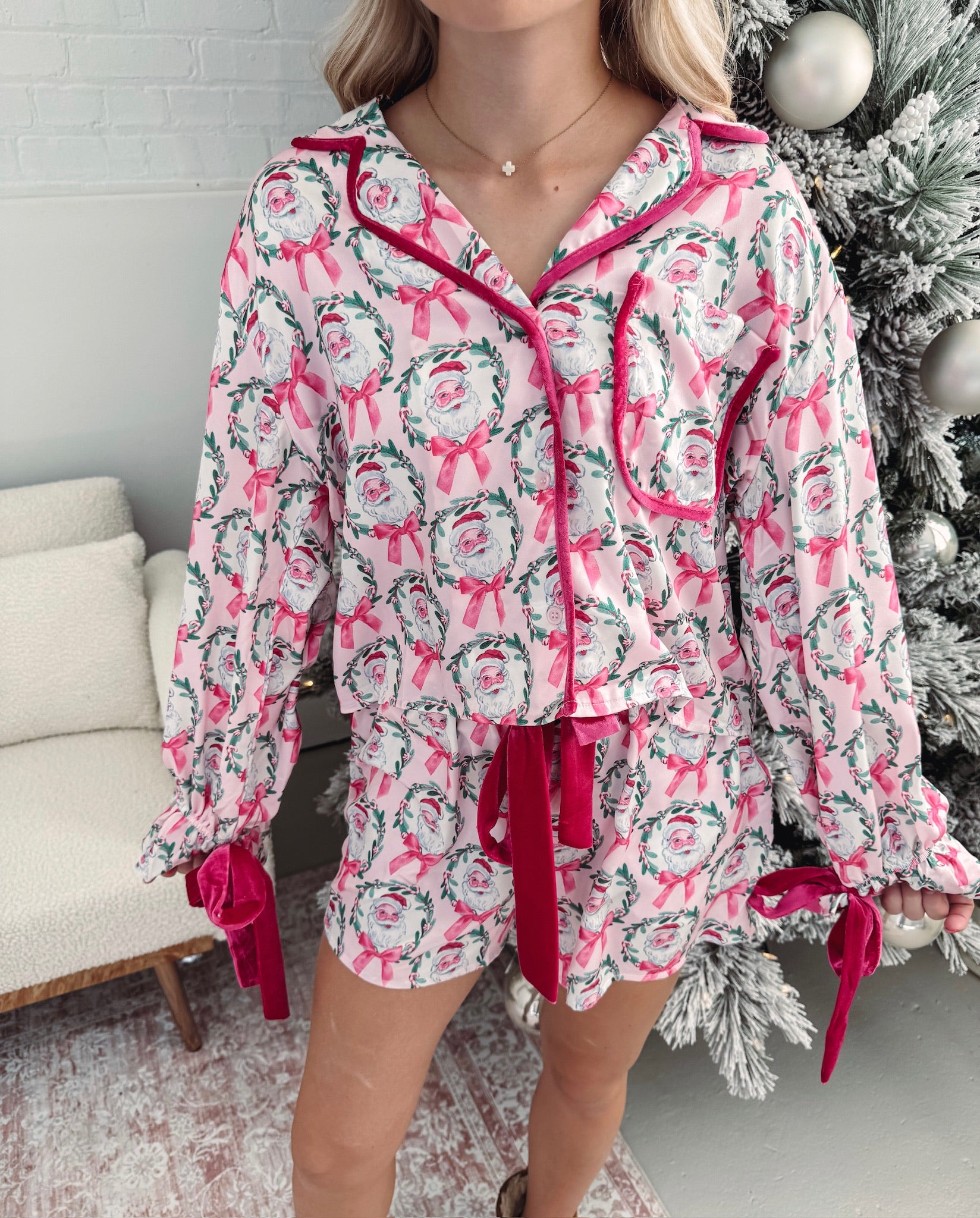 Women's Christmas Pink Santa and Bow Pajamas
