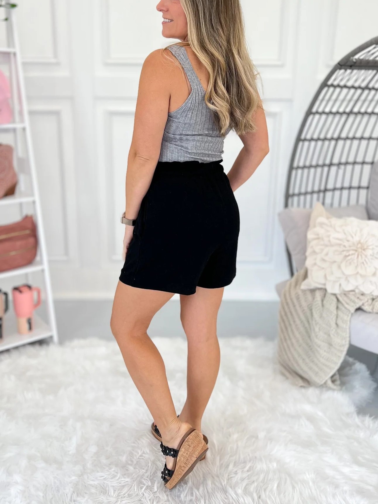 Women's High waist Elastic Tie Striped Solid Pocket Shorts