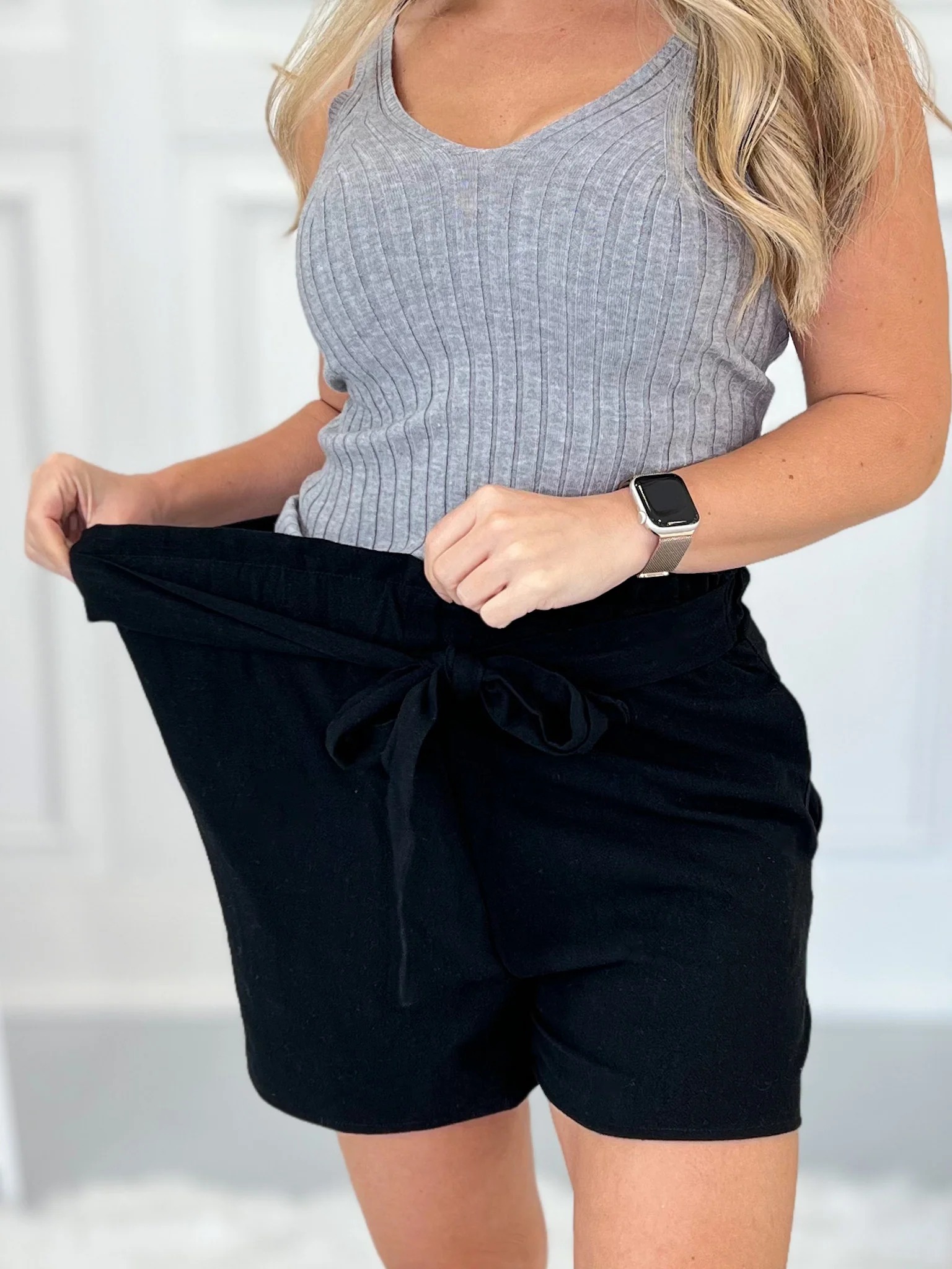 Women's High waist Elastic Tie Striped Solid Pocket Shorts