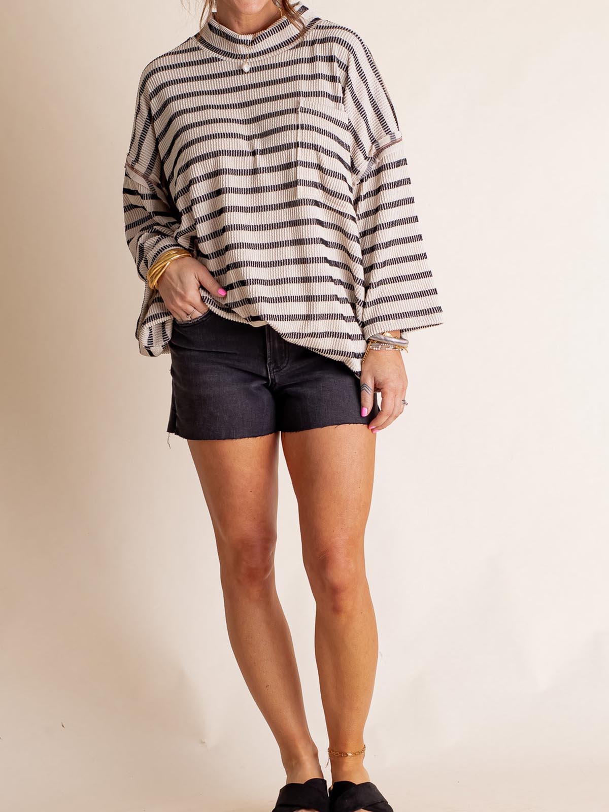 Only Go Forwards Oversized Striped Top Ribbed Short Sleeves