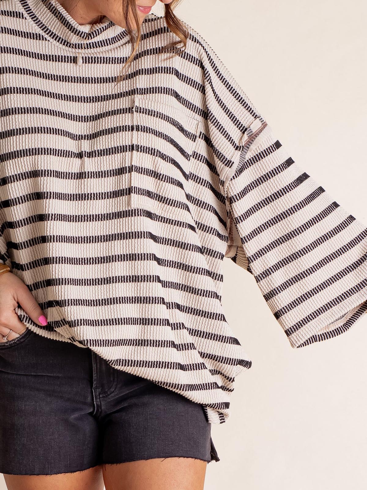 Only Go Forwards Oversized Striped Top Ribbed Short Sleeves