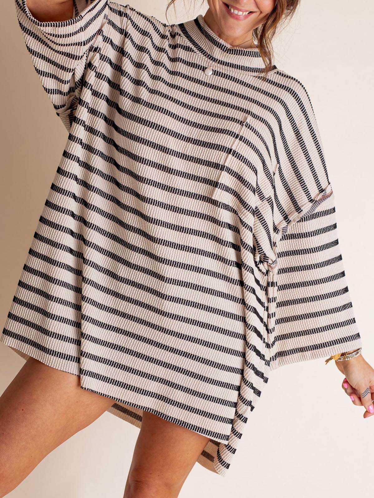 Only Go Forwards Oversized Striped Top Ribbed Short Sleeves