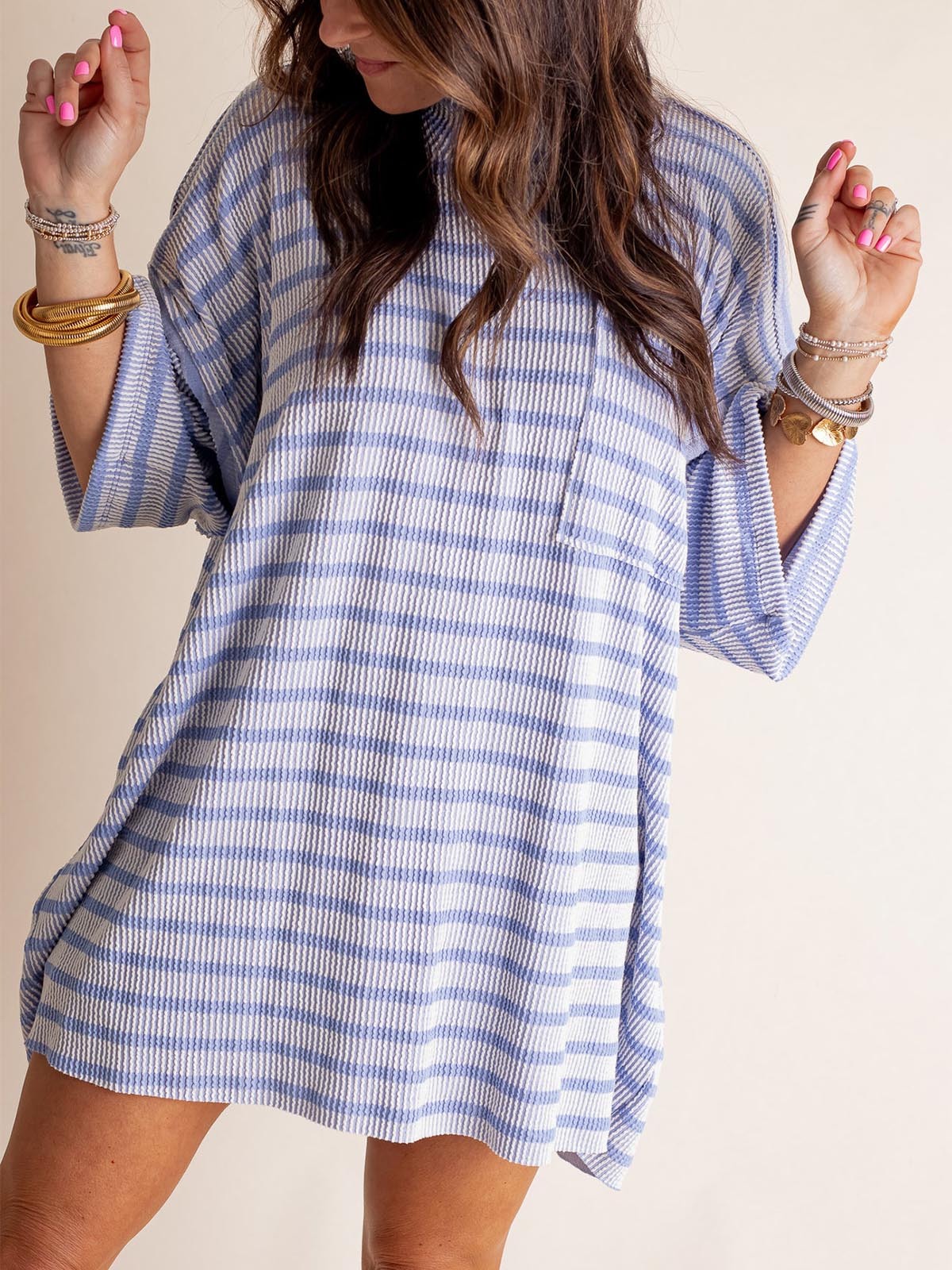 Only Go Forwards Oversized Striped Top Ribbed Short Sleeves