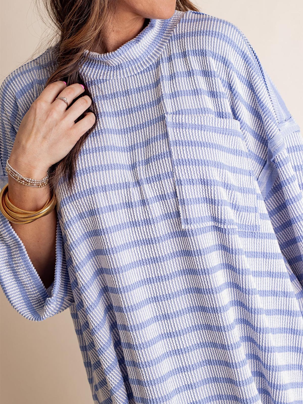Only Go Forwards Oversized Striped Top Ribbed Short Sleeves