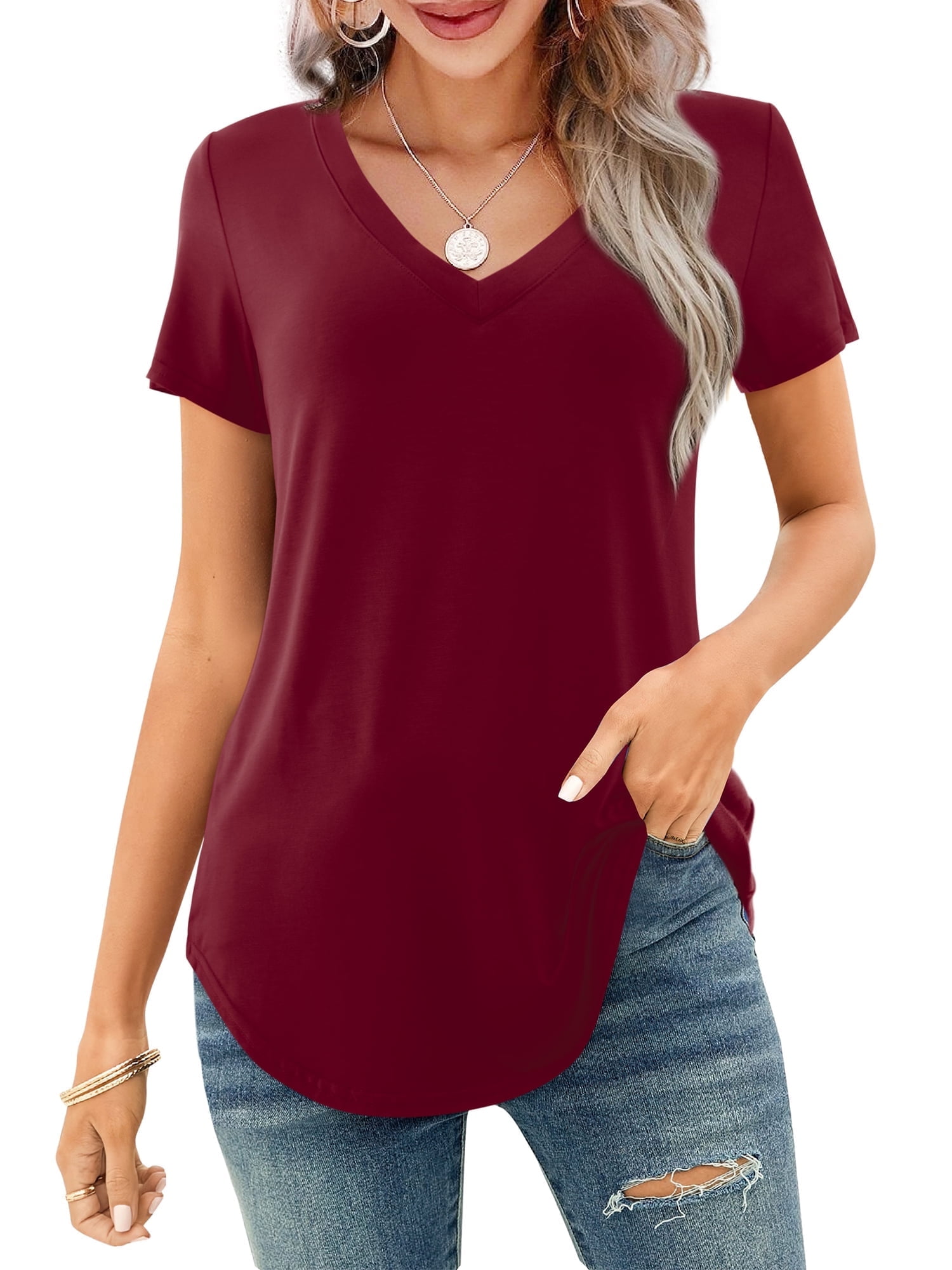 Women's V-neck Short Sleeve Curved Hem Tee Top (Buy 3 Free Shipping)