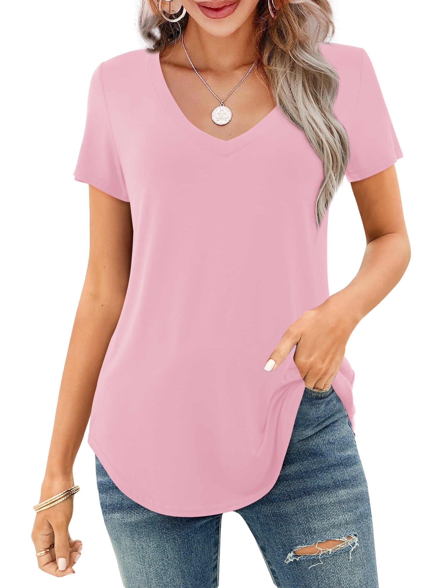 Women's V-neck Short Sleeve Curved Hem Tee Top (Buy 3 Free Shipping)