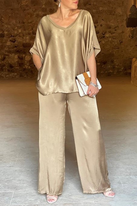 HOT SALE V-neck Satin Top and Wide Leg Two-piece Set
