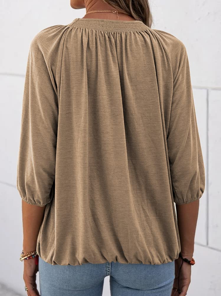 Women's Casual Cotton 3/4 Sleeve Loose Pleated Basic Tops