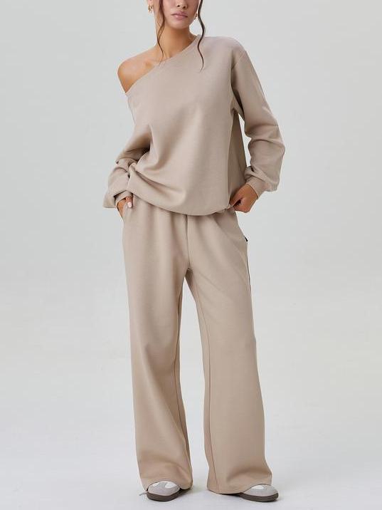 ⏰Hot Sale-Women's Solid Sloping Shoulder Long Sleeve Top & Wide Leg Trousers Set
