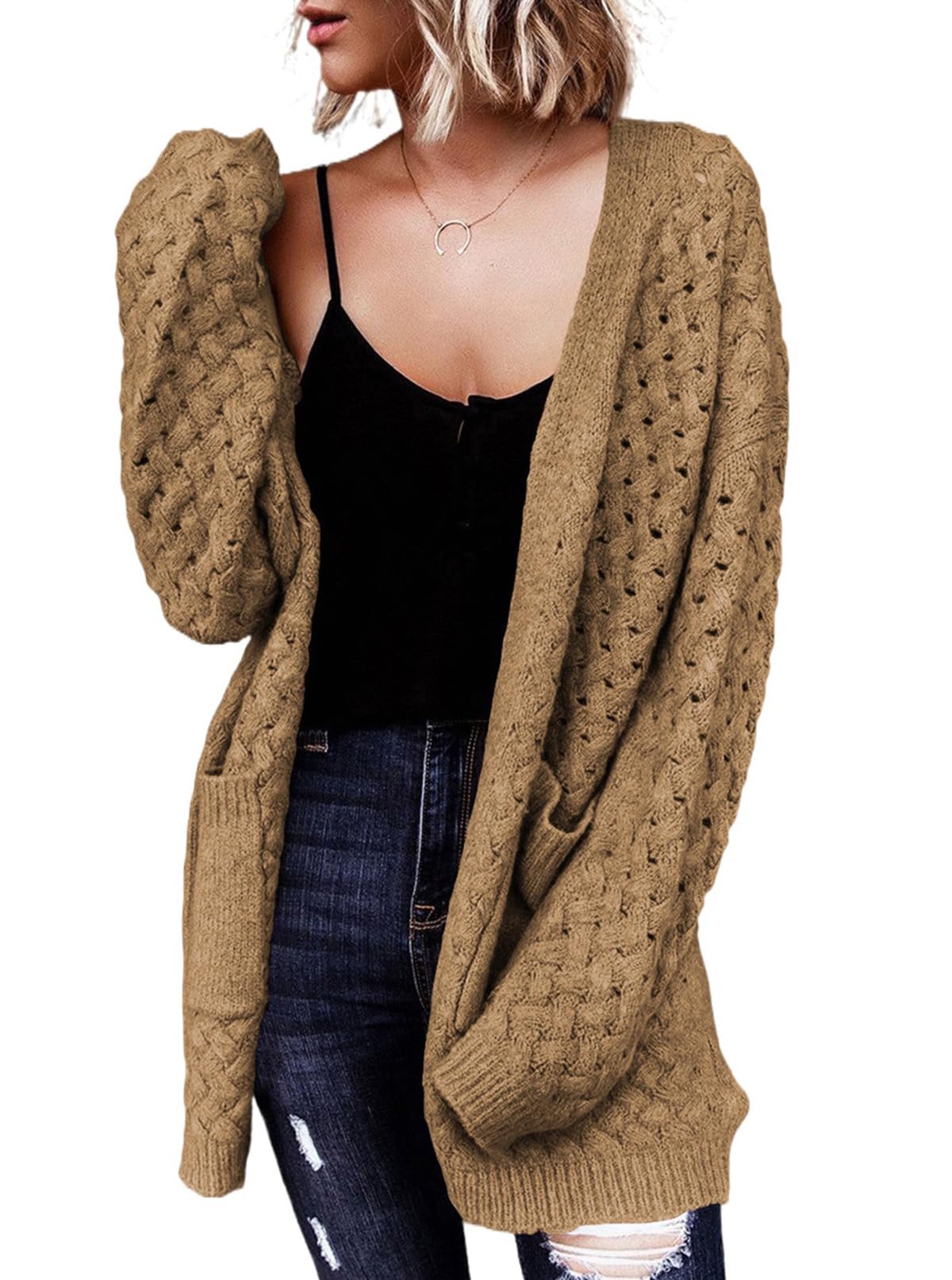 Women's Casual Open Front Long Sleeve Chunky Cable Knit Cardigans With Pockets
