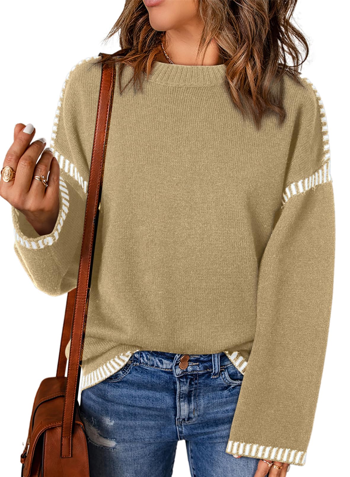 Women's Solid Crewneck Loose Fit Contrast Cable Knit Pullover Sweater