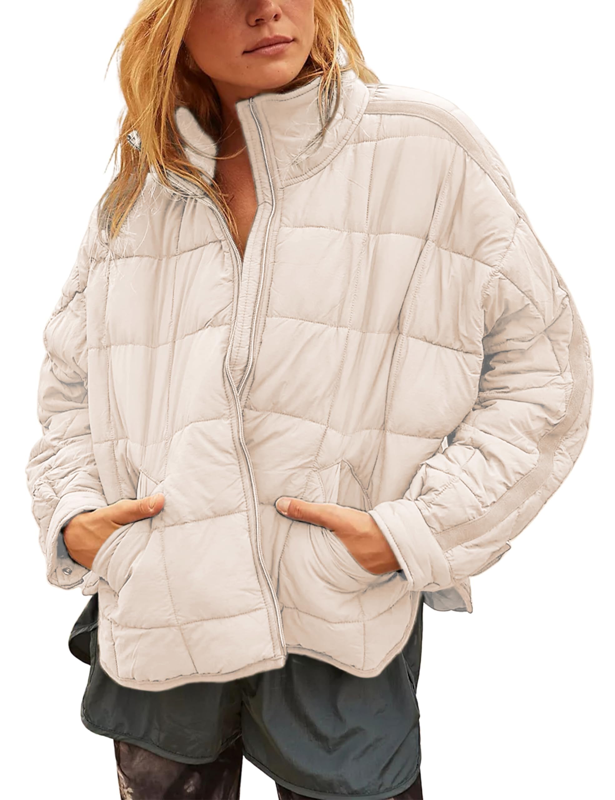 Women's Oversized Splice Quilted Lightweight Puffer Jacket Casual Padded Coat With Pockets