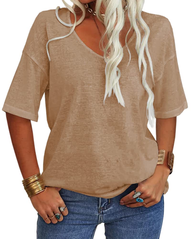 Women's Solid V-Neck Half Sleeves Oversized T Shirt