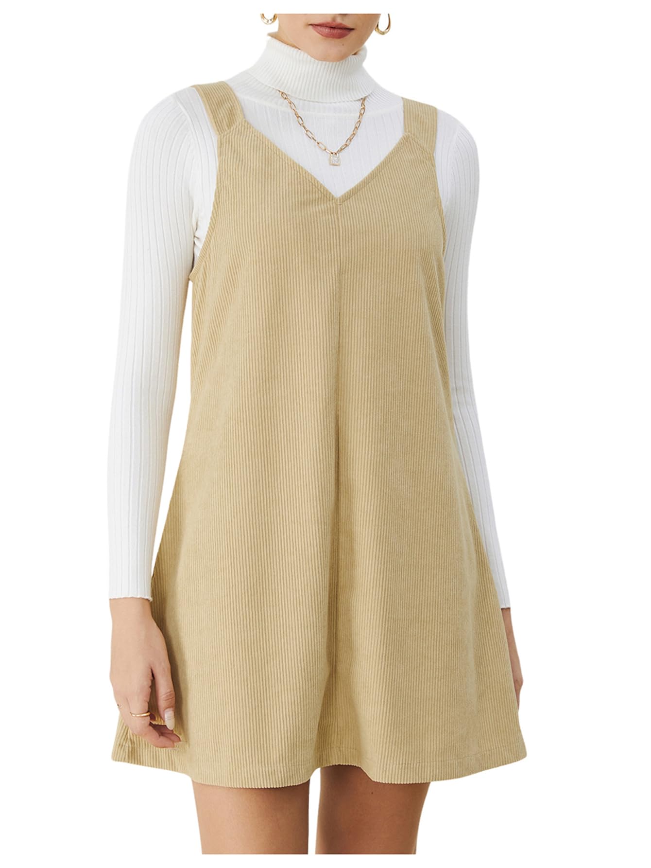 WomenS V Neck Corduroy Pinafore Overall Mini Dress