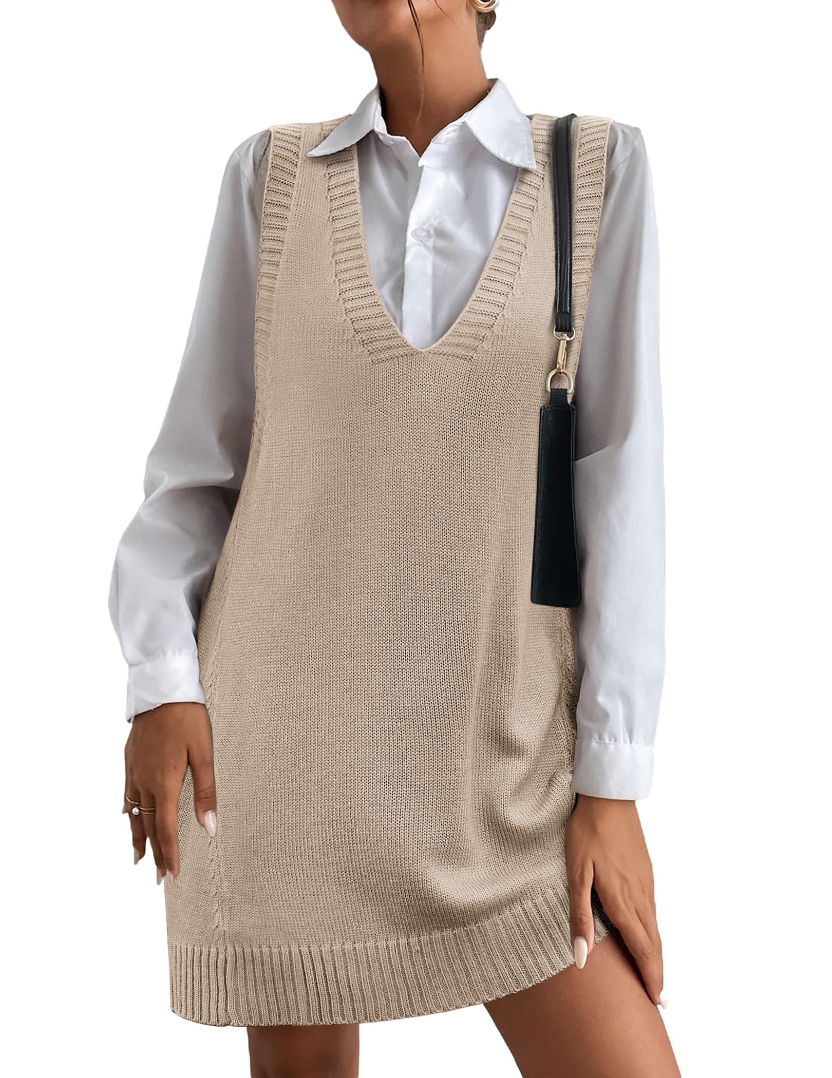 Women Oversized V Neck Sleeveless Knit Pullover Ribbed Vest Dress with Pockets