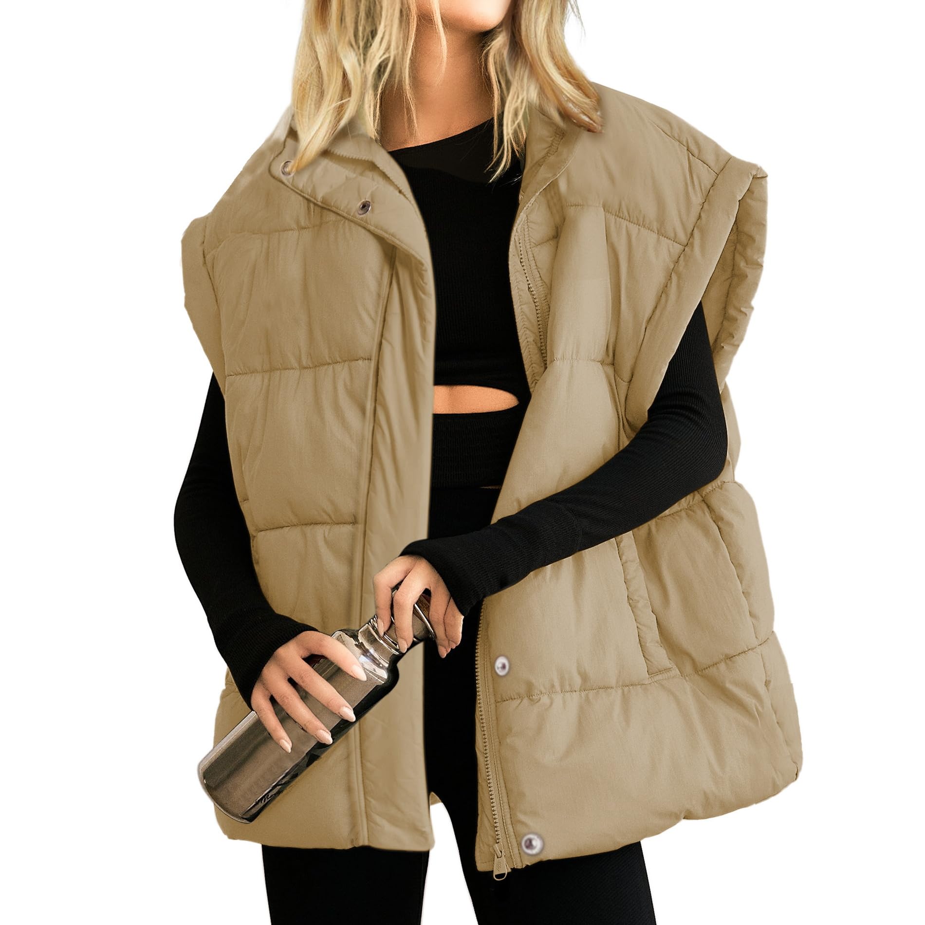 Women's Oversized Stand Collar Full Zip Puffer Vest