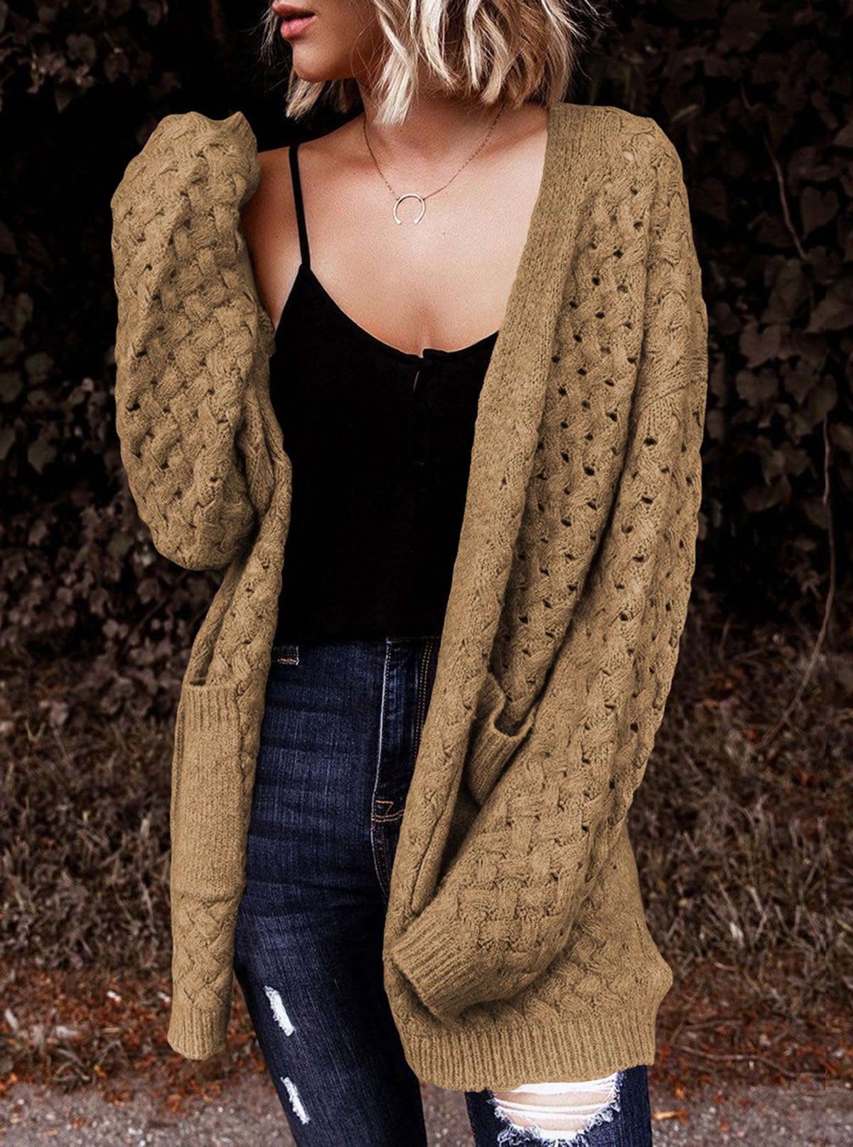 Women's Casual Open Front Long Sleeve Chunky Cable Knit Cardigans With Pockets