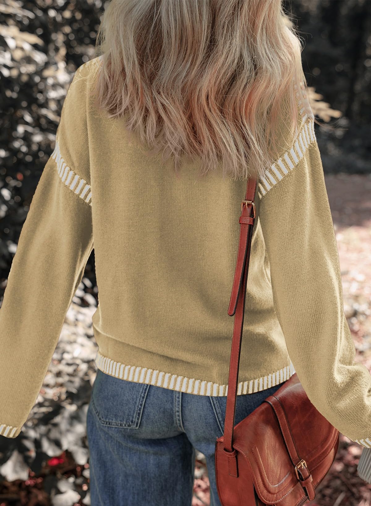Women's Solid Crewneck Loose Fit Contrast Cable Knit Pullover Sweater