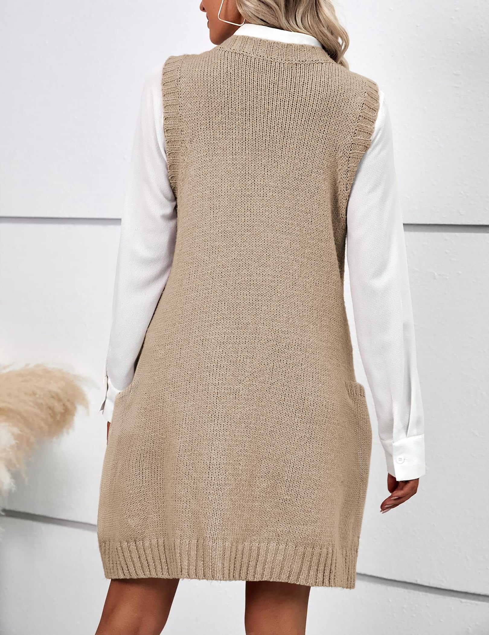 Women Oversized V Neck Sleeveless Knit Pullover Ribbed Vest Dress with Pockets