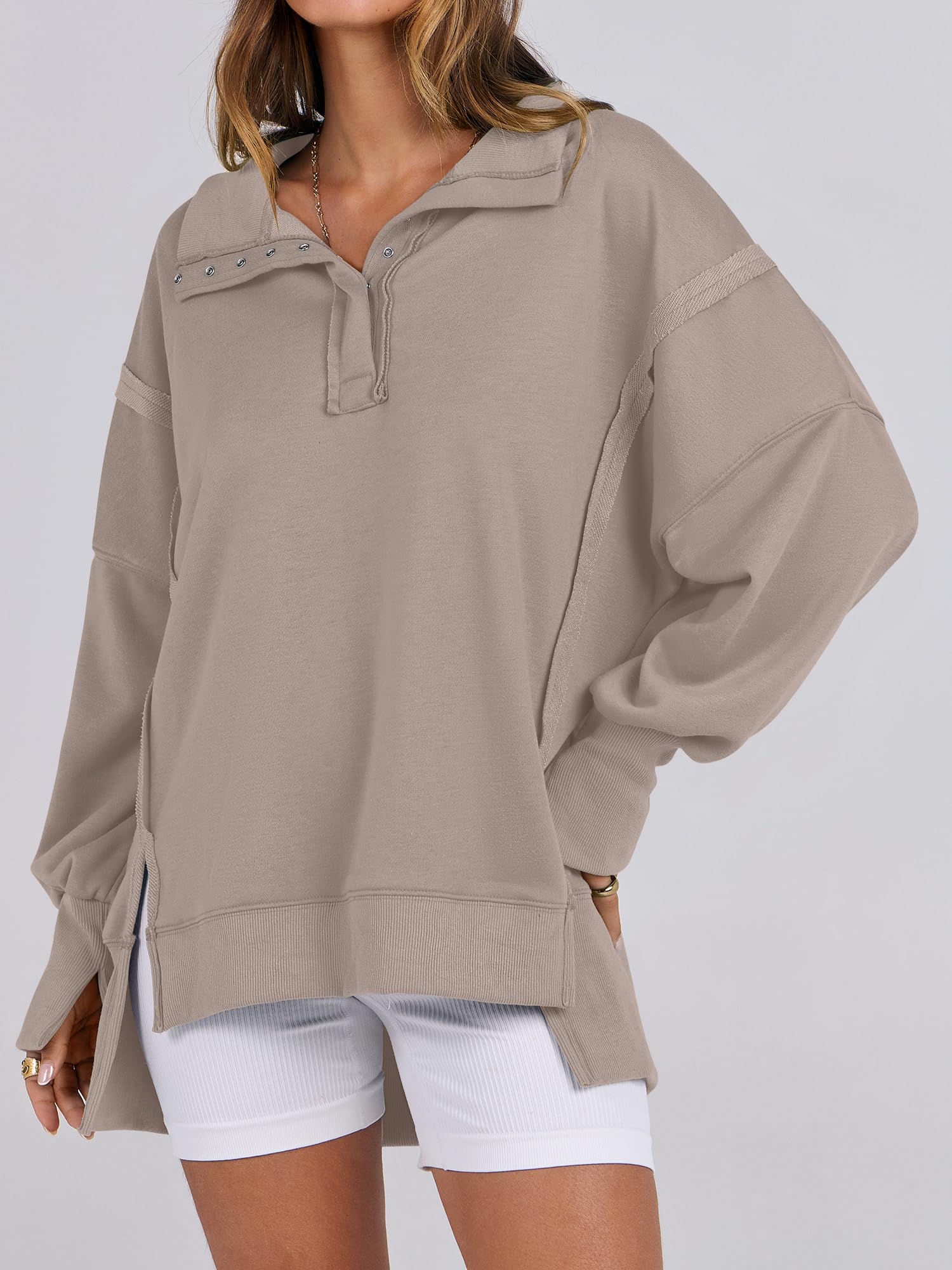 2024 New Women's Oversized High Low Split Button Up Henley Pullover Top(buy 2 10% OFF)