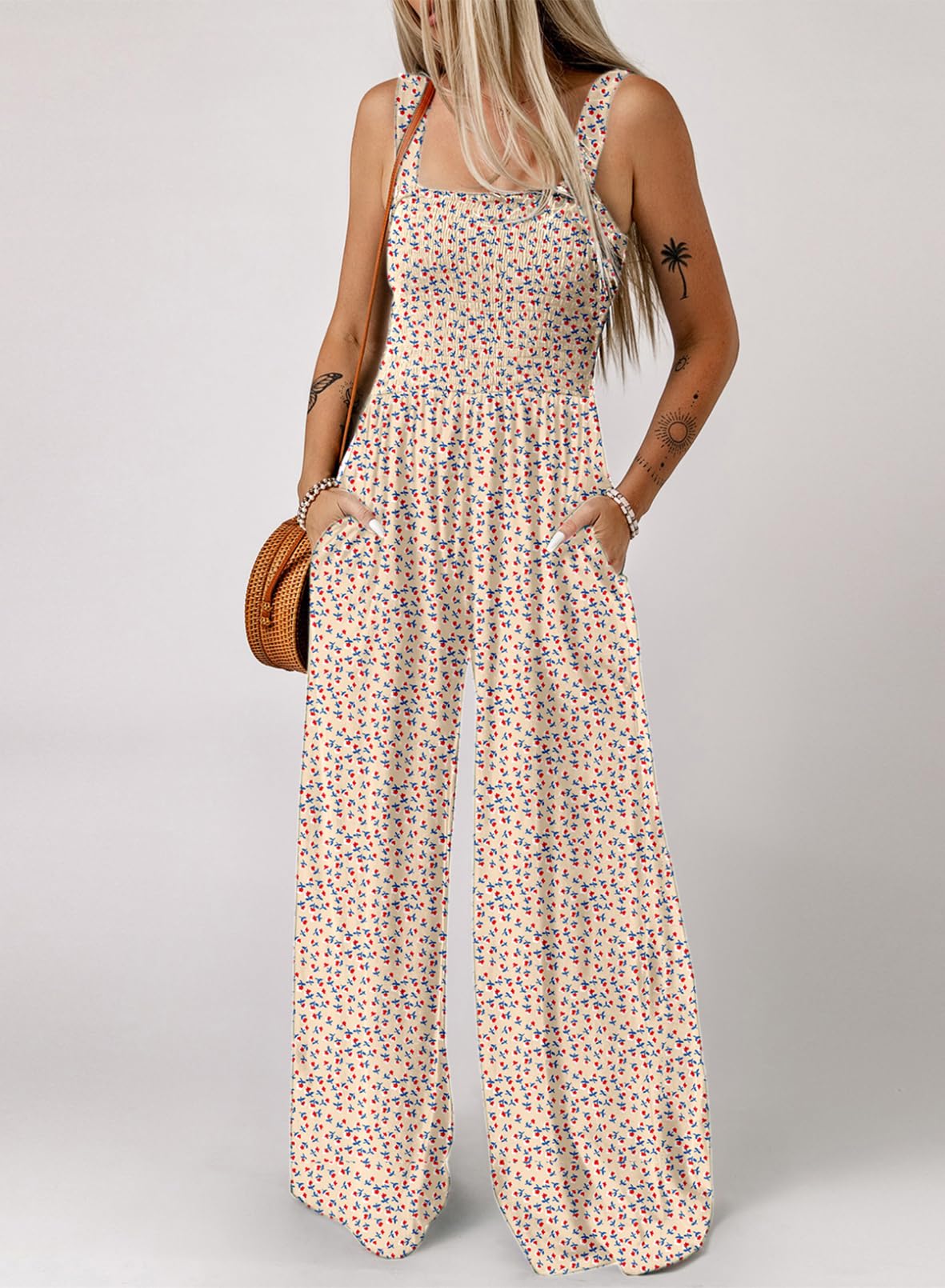 Womens Overalls Casual Floral Print Sleeveless Jumpsuit with Pockets