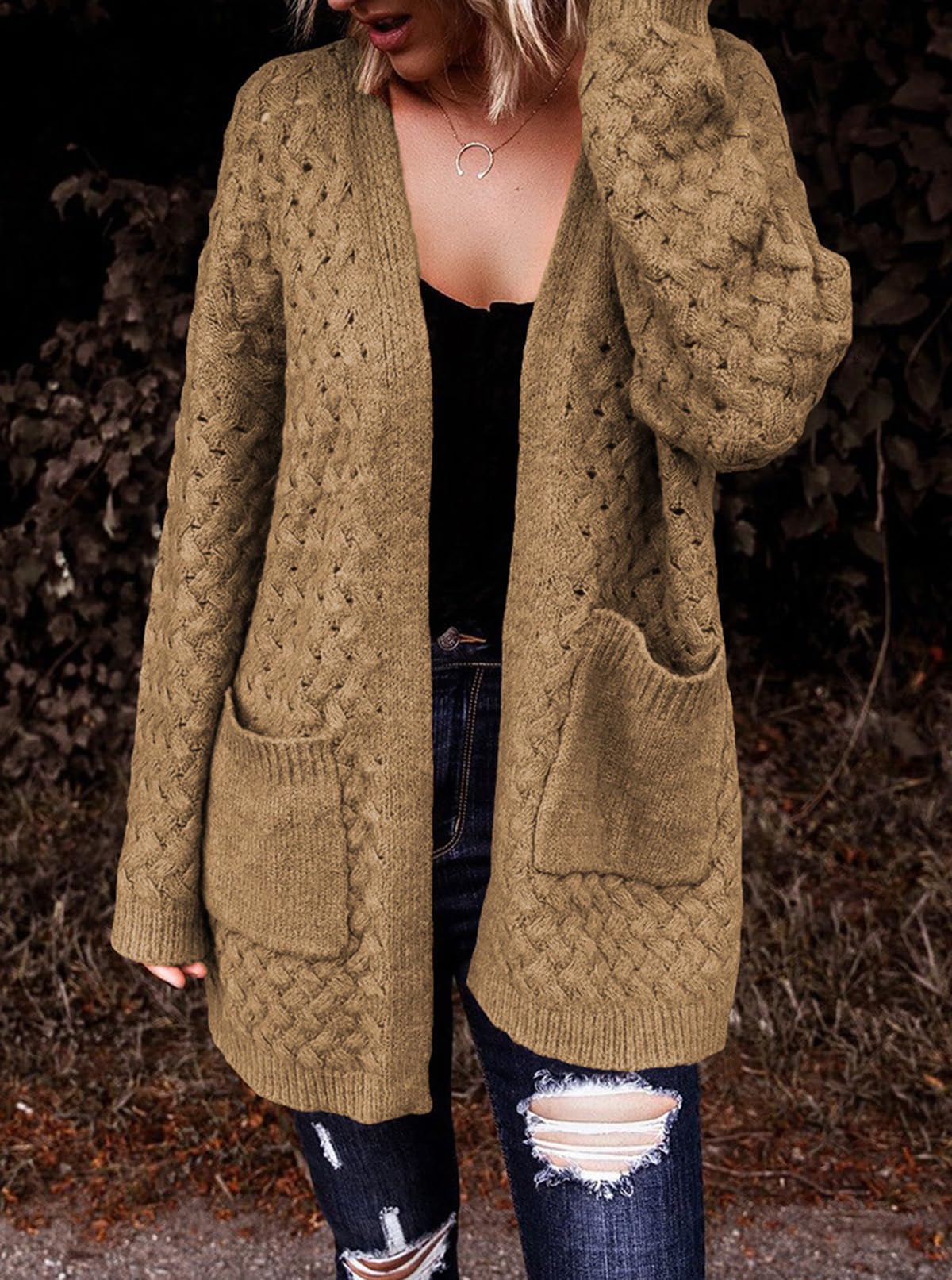 Women's Casual Open Front Long Sleeve Chunky Cable Knit Cardigans With Pockets