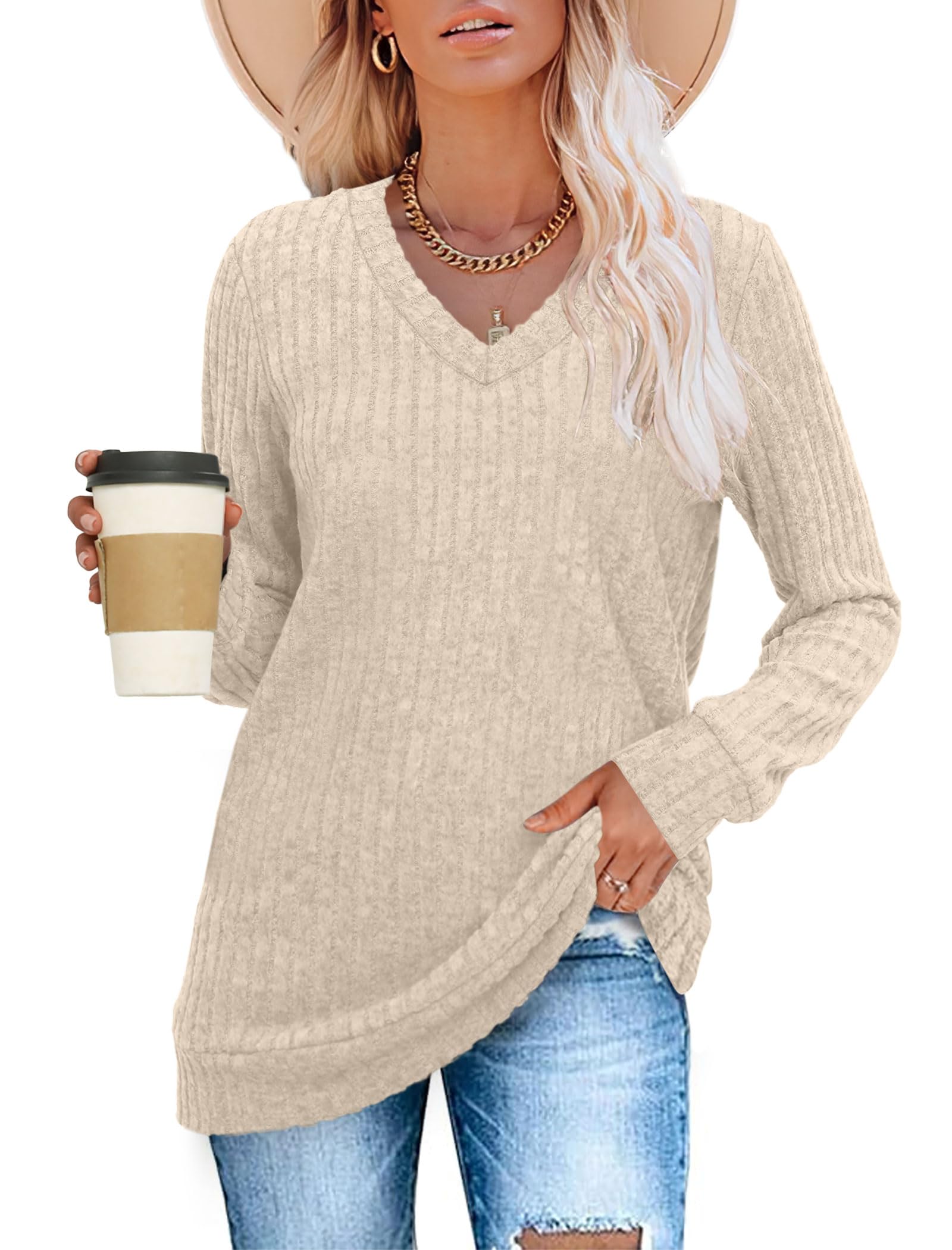 Women's Casual Fall V Neck Lightweight Tunic Sweaters 