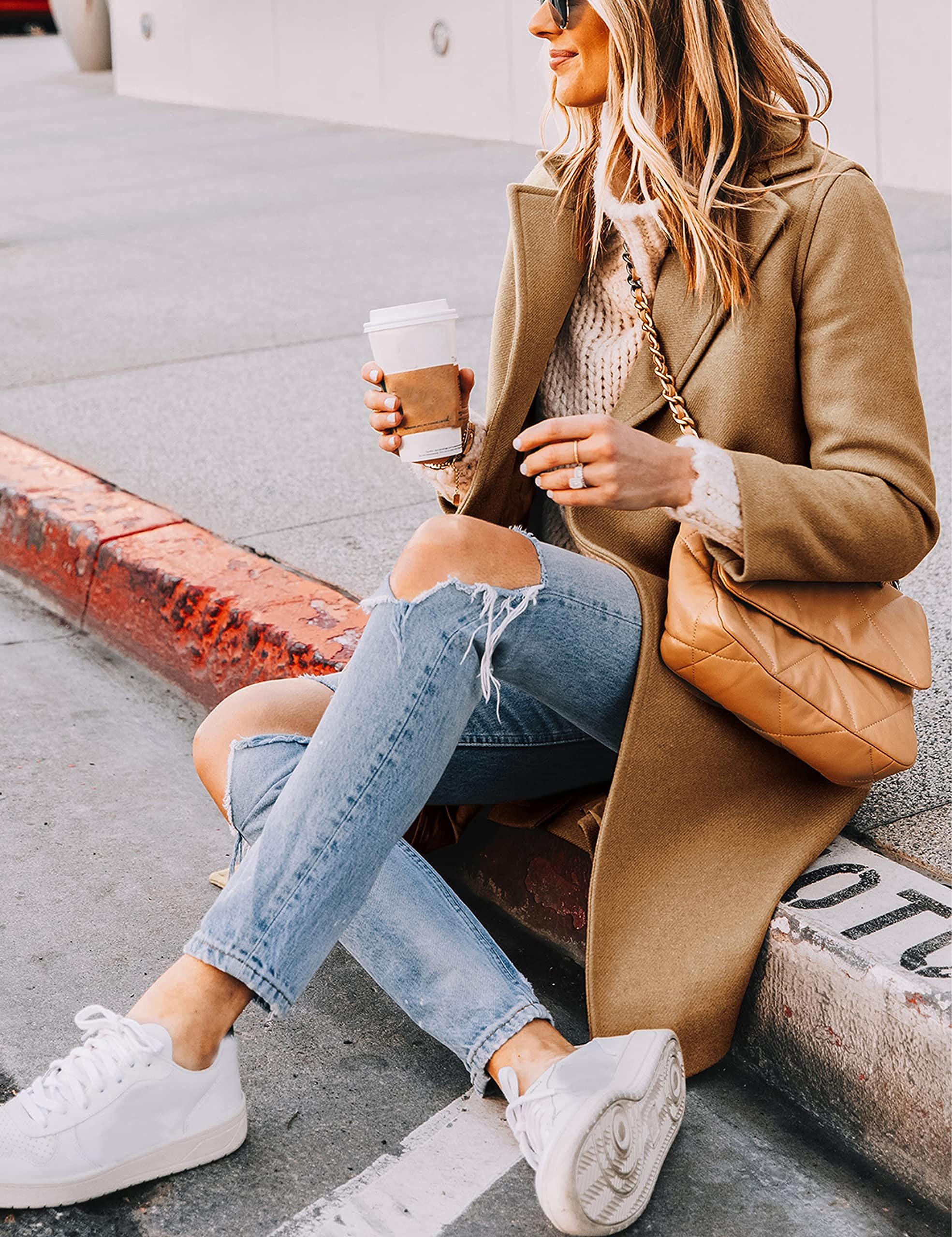 Women's Notch Lapel Double Breasted Wool Blend Mid Long Pea Trench Coat