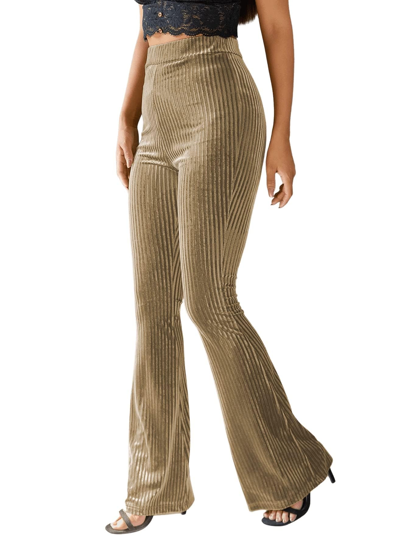 Women's Velvet Elastic Waist Flare Leg Palazzo Long Pants Trousers