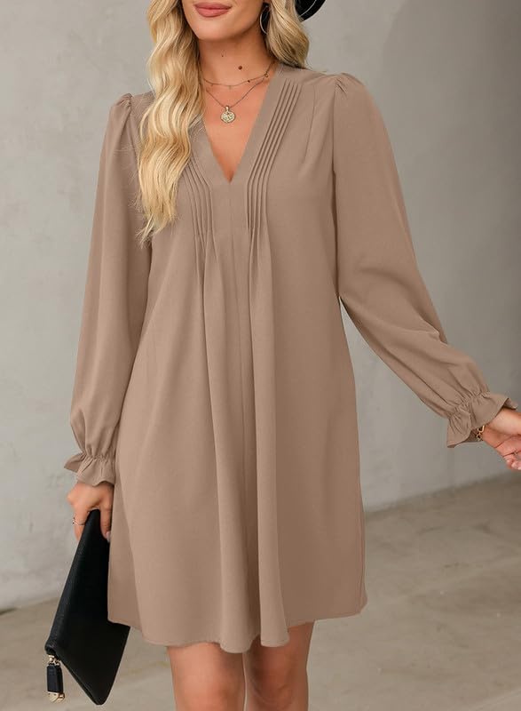 2025 New Womens Casual Ruffle Sleeve V Neck Pleated Flowy Shirt Dresses(BUY 2 FREE SHIPPING)