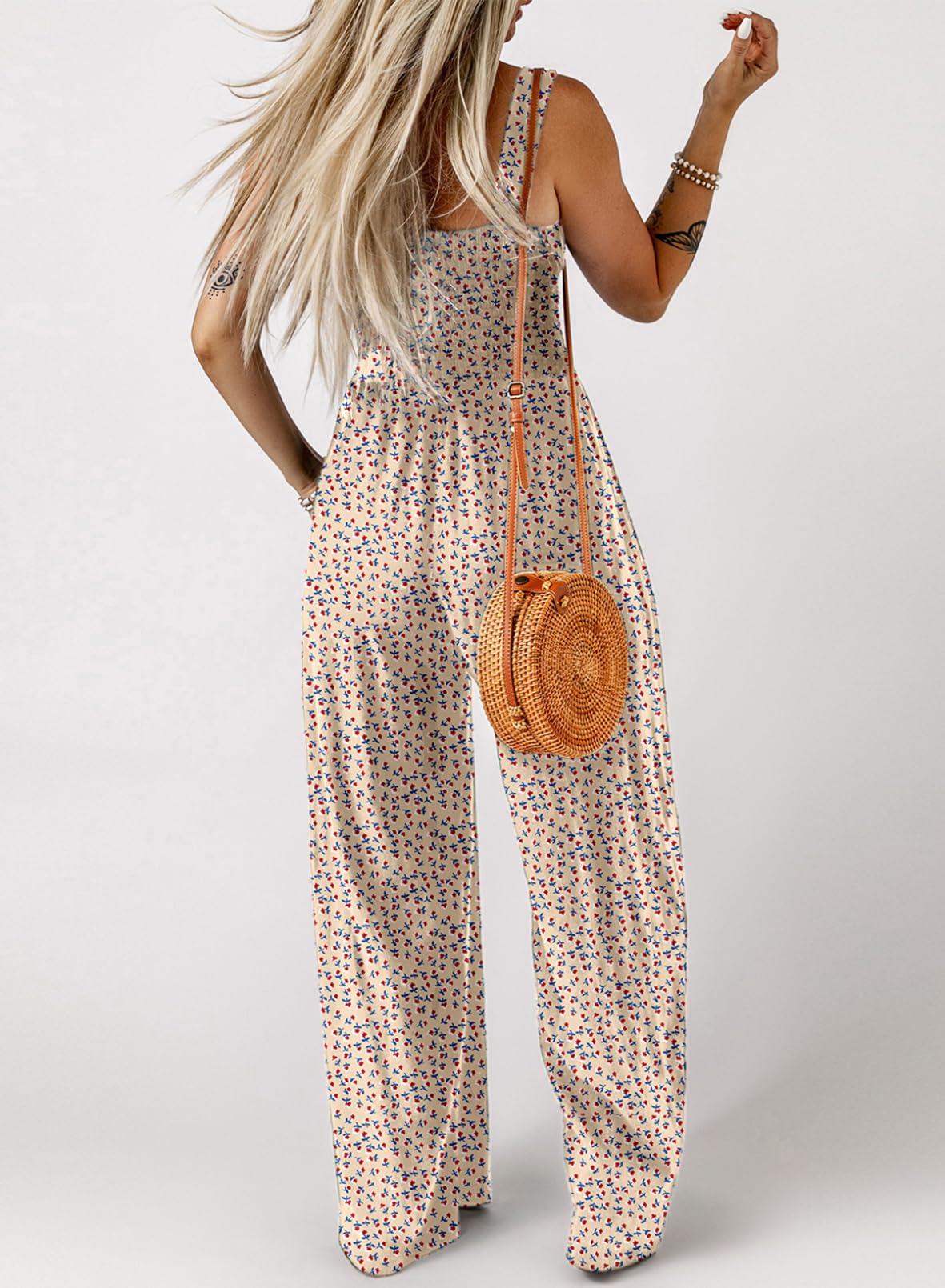 Womens Overalls Casual Floral Print Sleeveless Jumpsuit with Pockets