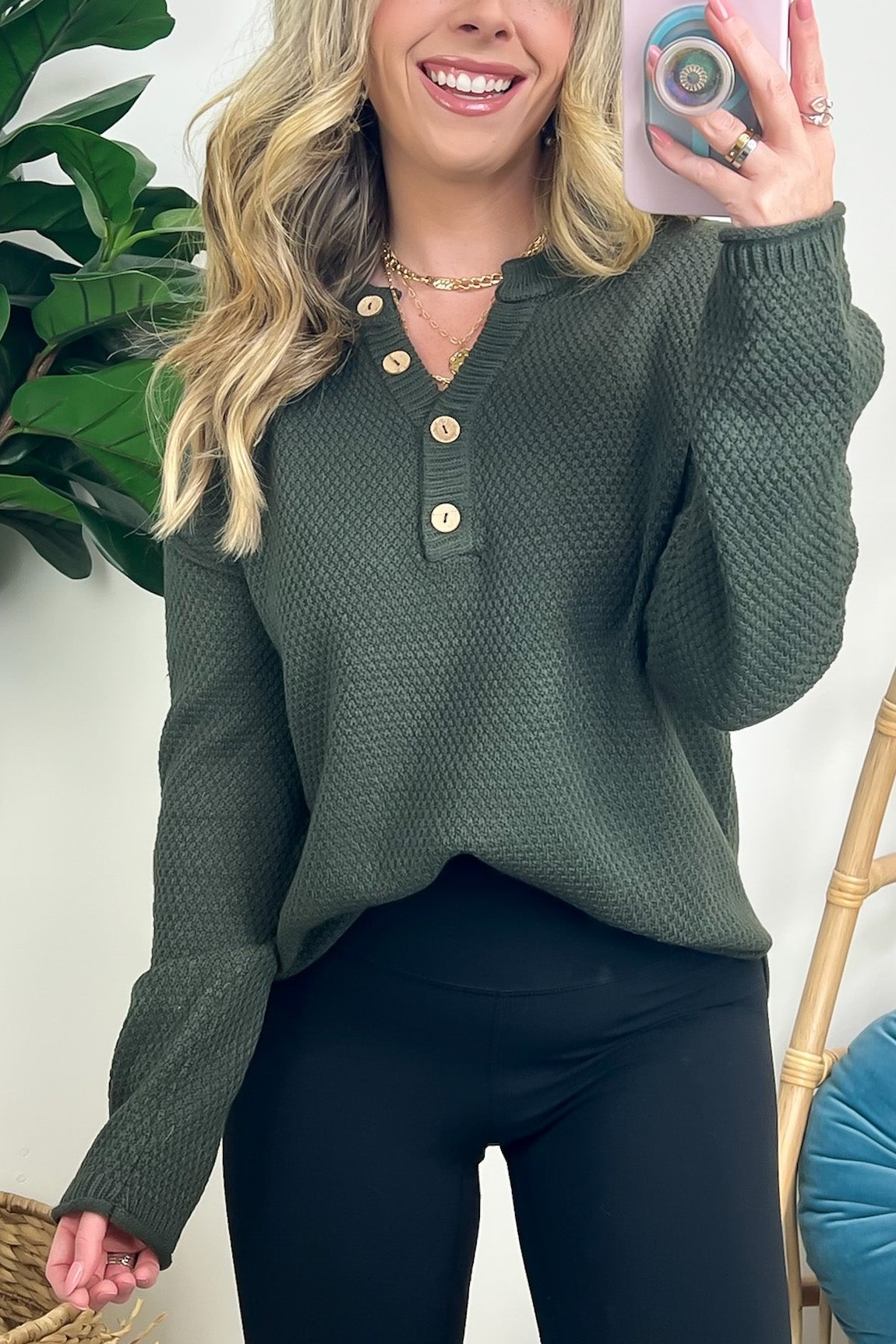 Half Button Henley Knit Sweater