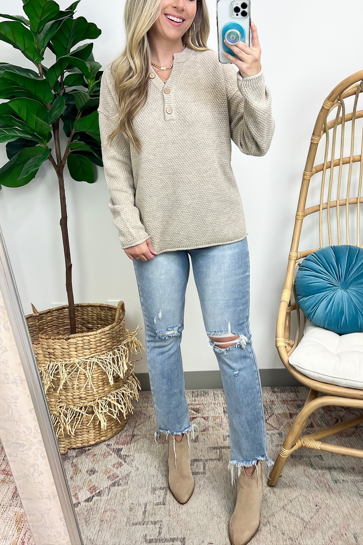 Half Button Henley Knit Sweater