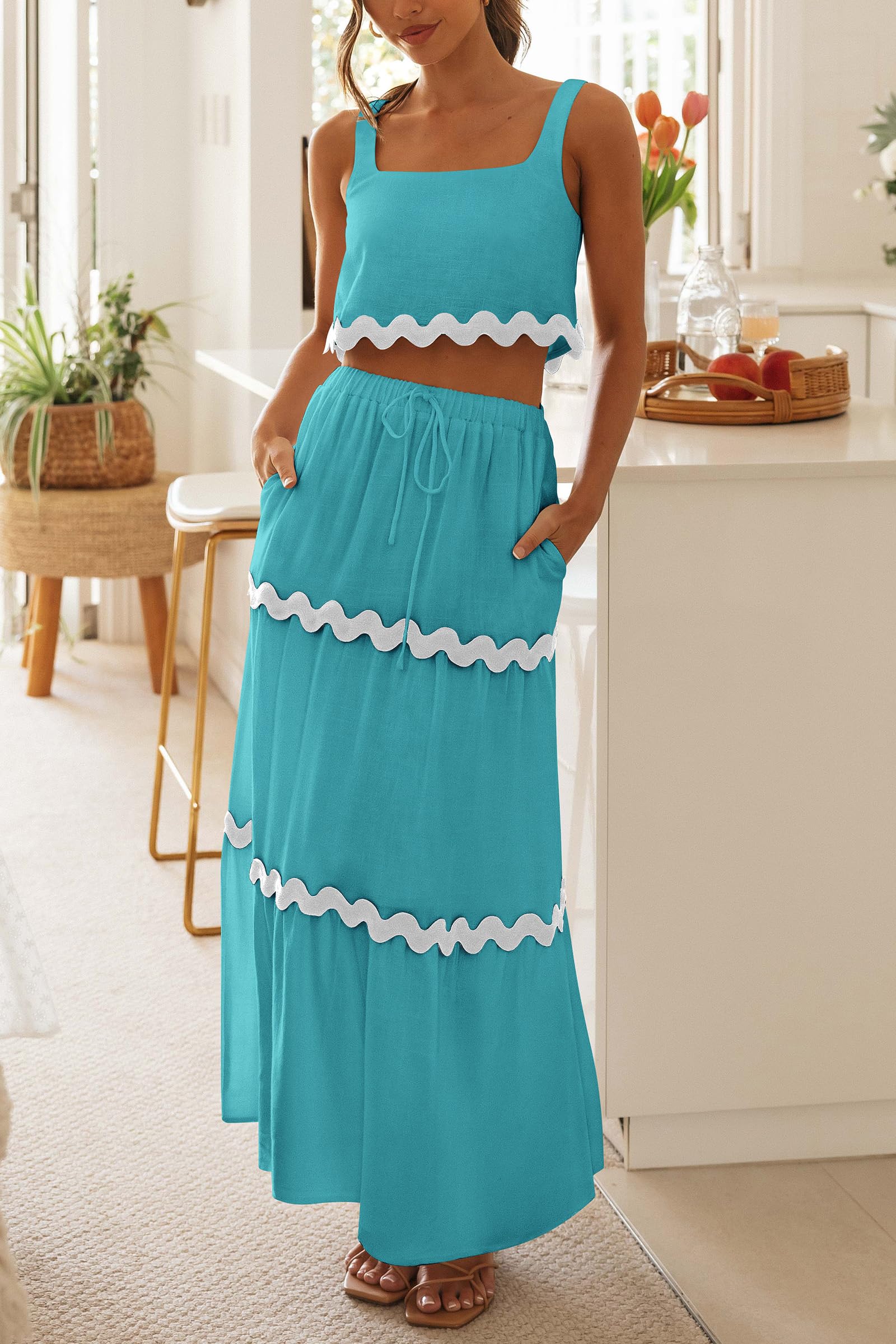 Women's Casual Sleeveless Cropped Tank Top High Waisted Maxi Skirt Set