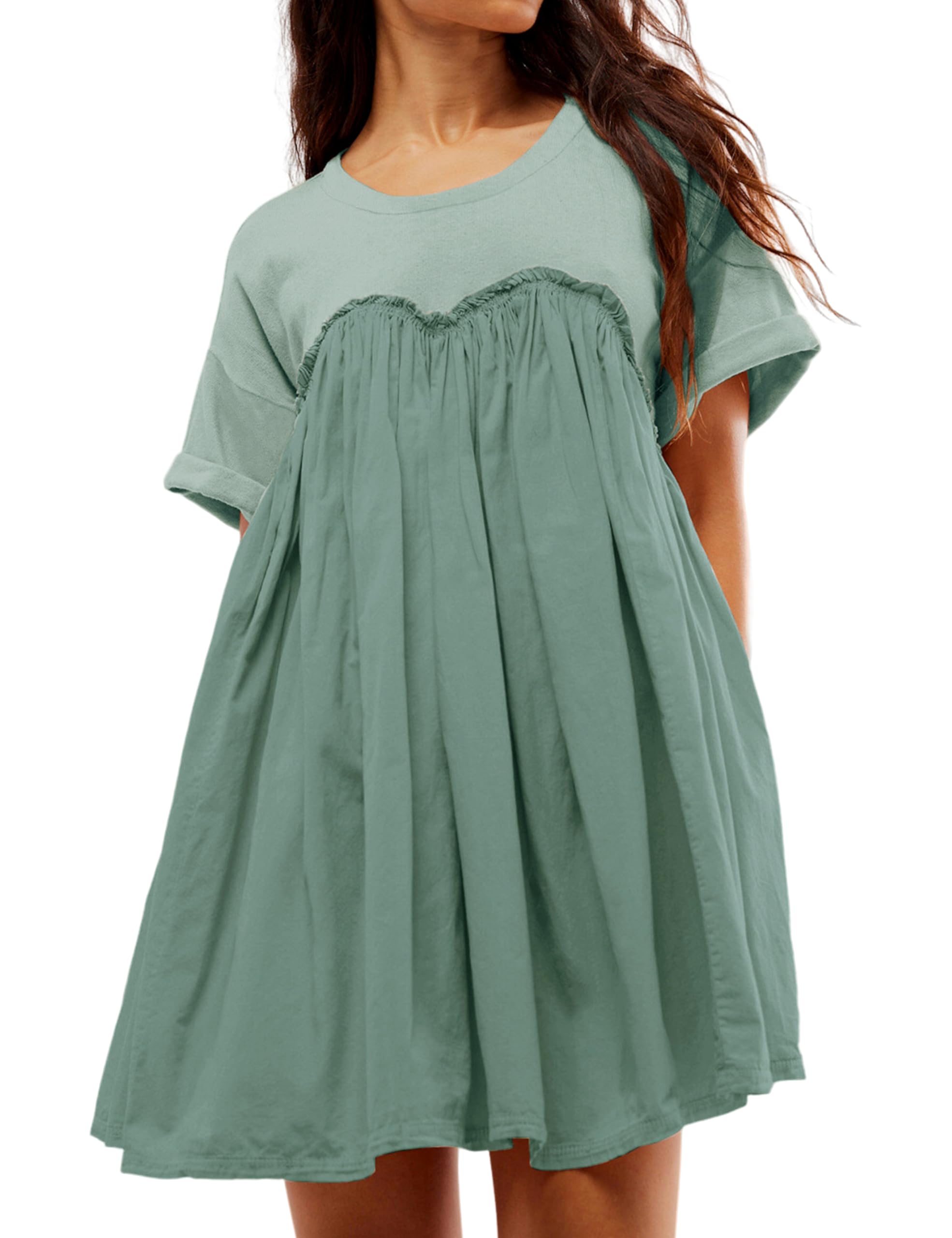 Women's Round Neck Pleated Mini Dress with Pockets