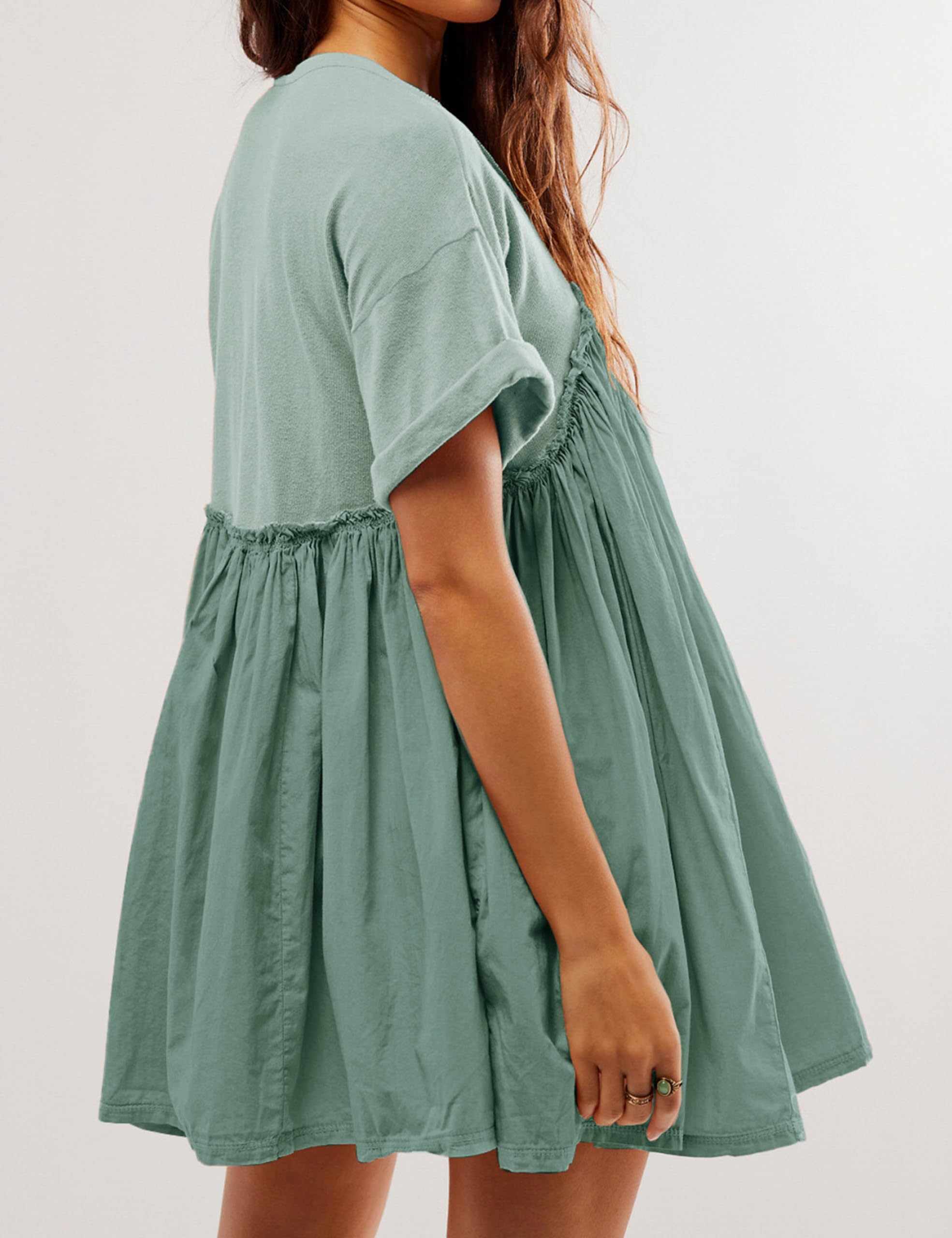 Women's Round Neck Pleated Mini Dress with Pockets