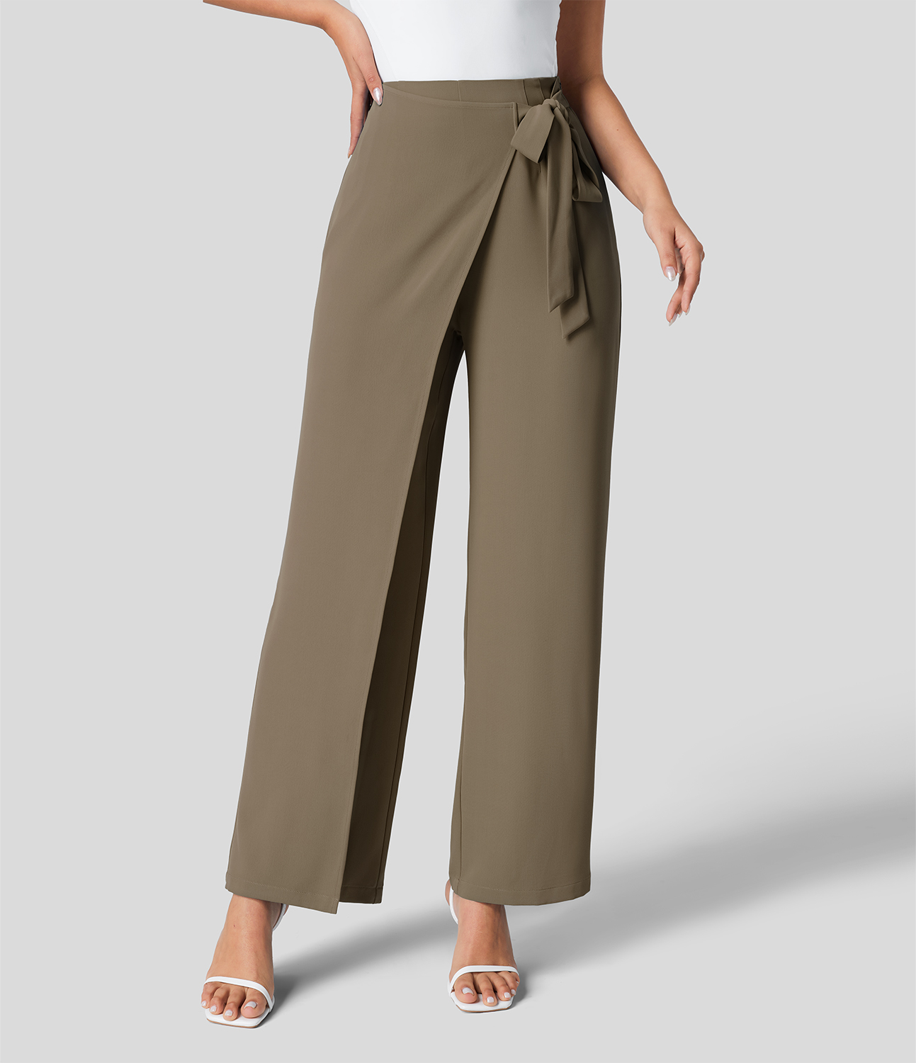 High Waisted Tie Side Invisible Zipper Wide Leg Work Suit Pants