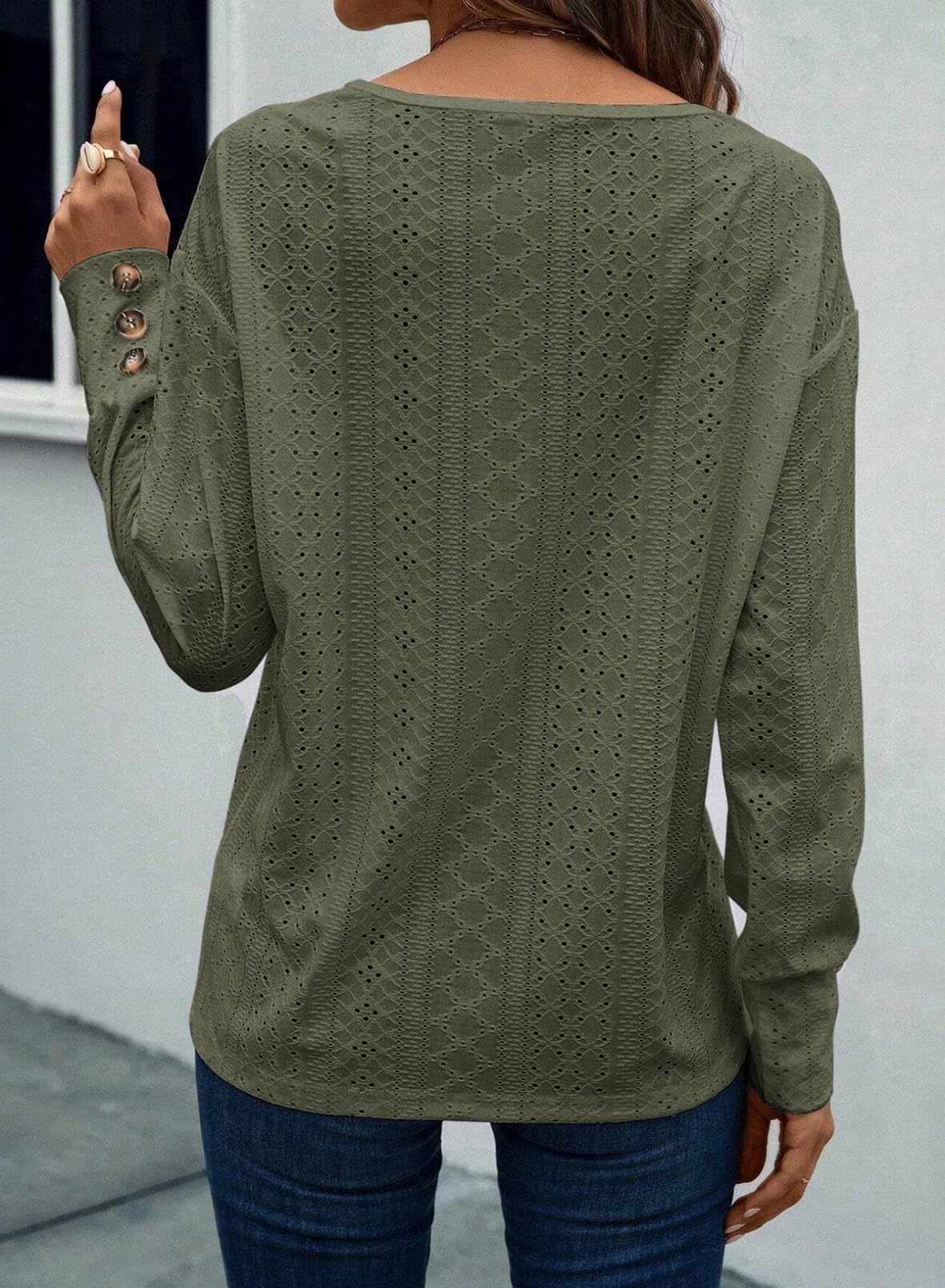 Women's Casual V Neck Long Sleeve Hollow Out Lace Embroidered Tops